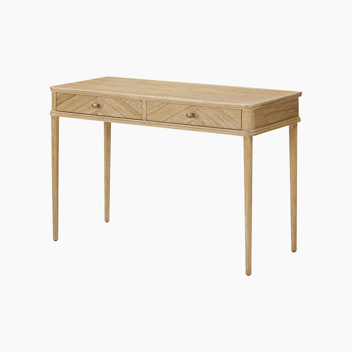 Hadley Herringbone Console Table in Natural, featuring light wood, two drawers, and barrel legs, set against a white background.