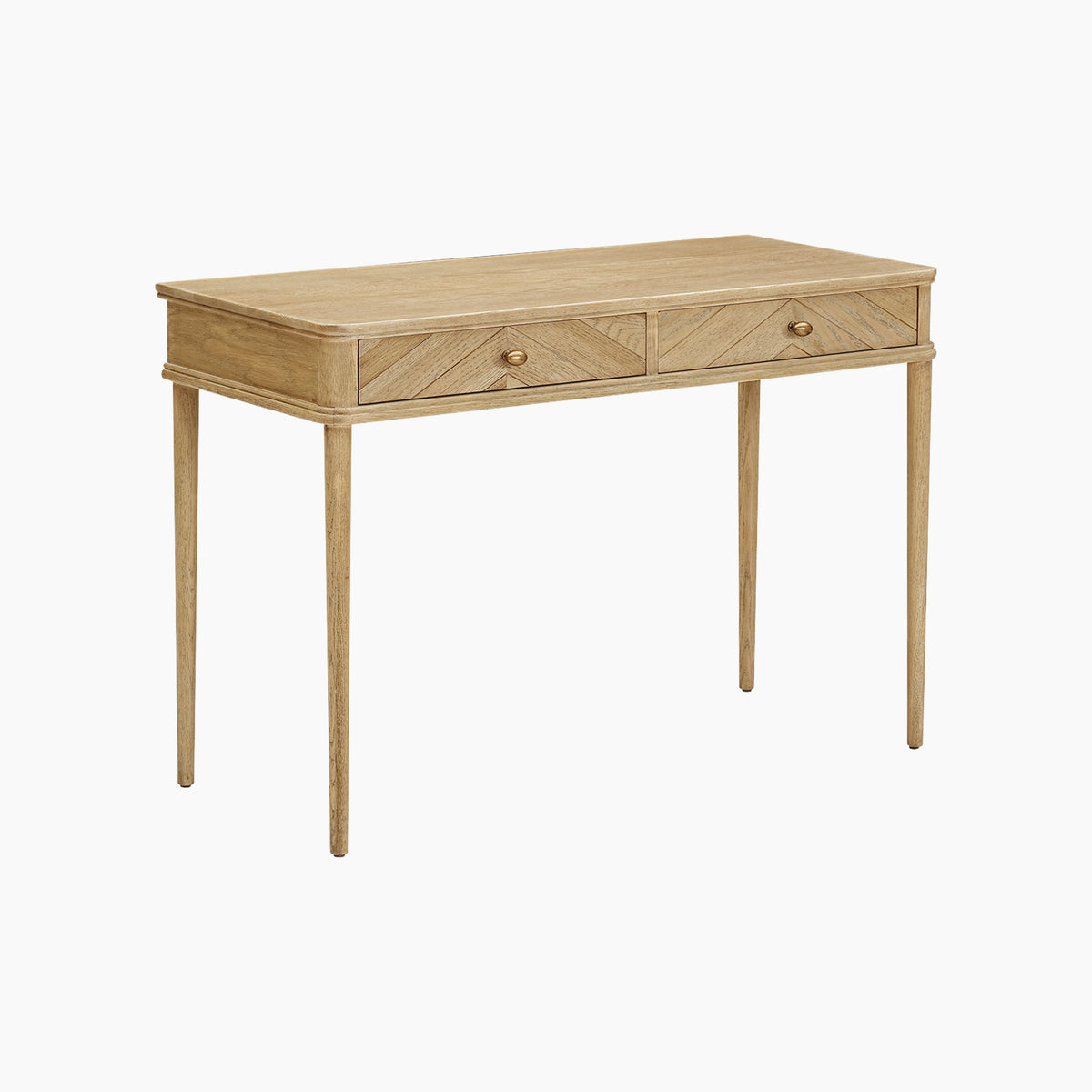 Hadley Herringbone Console Table in Natural, featuring two front drawers and barrel legs, is shown against a plain white background.