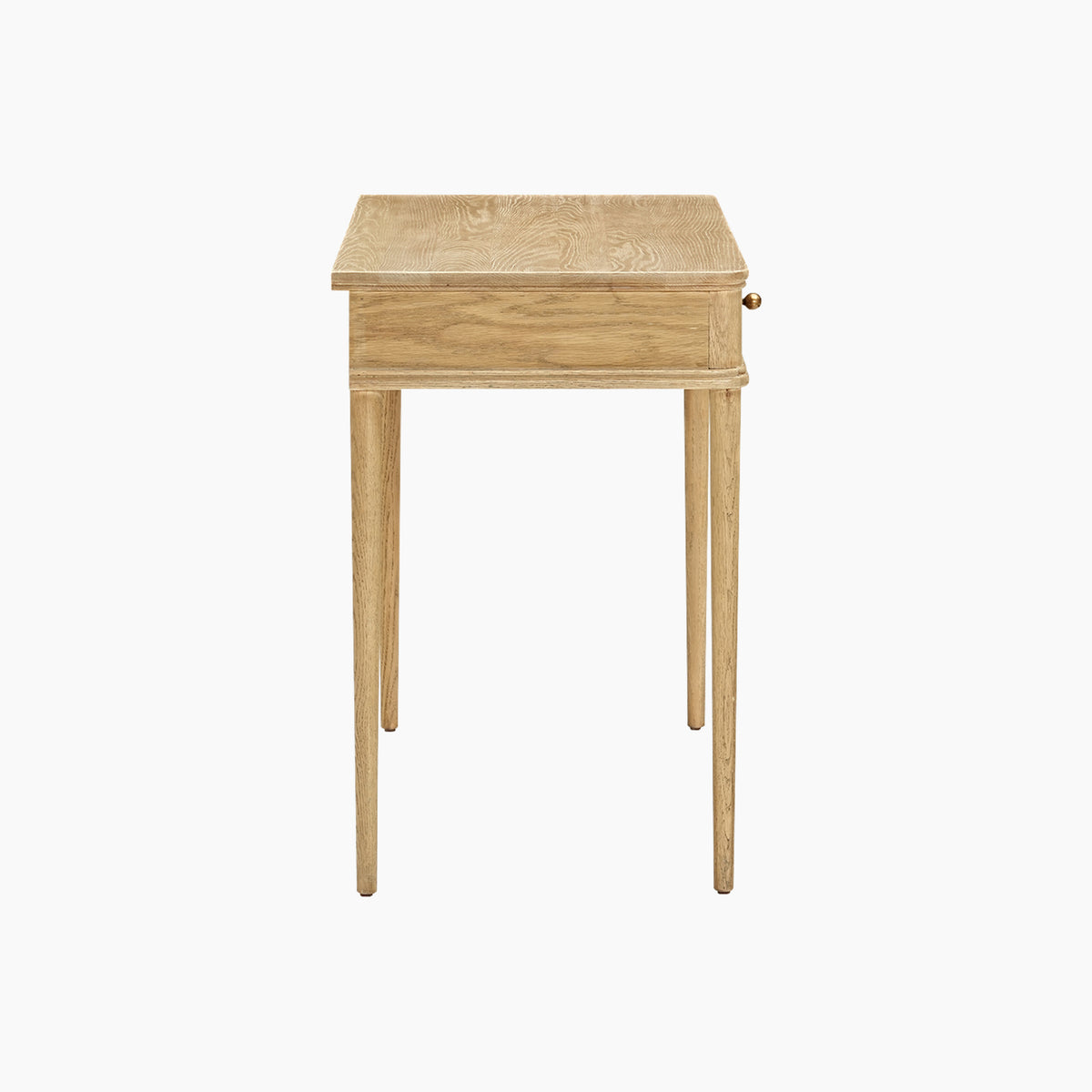 Hadley Herringbone Console Table in Natural with a light wood finish, four barrel legs, and a single front-facing drawer.