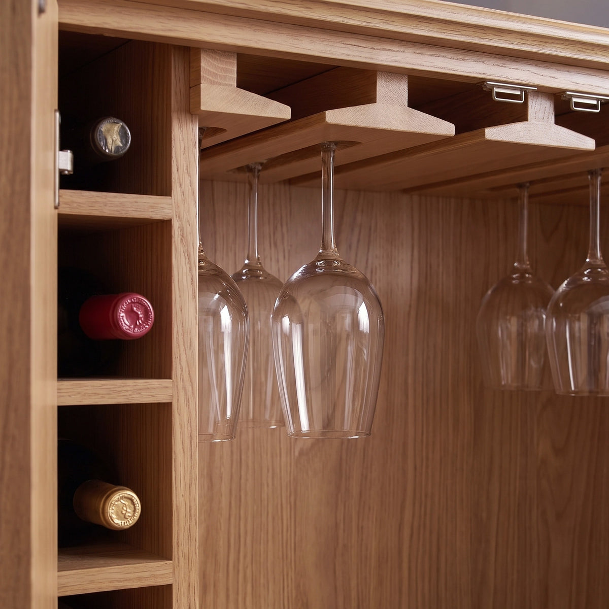 Store your wine bottles horizontally and hang wine glasses upside down in style with this elegant wooden wine rack—an ideal addition to your home bar or the perfect complement to the Hadley Herringbone Drinks Cabinet in Natural.