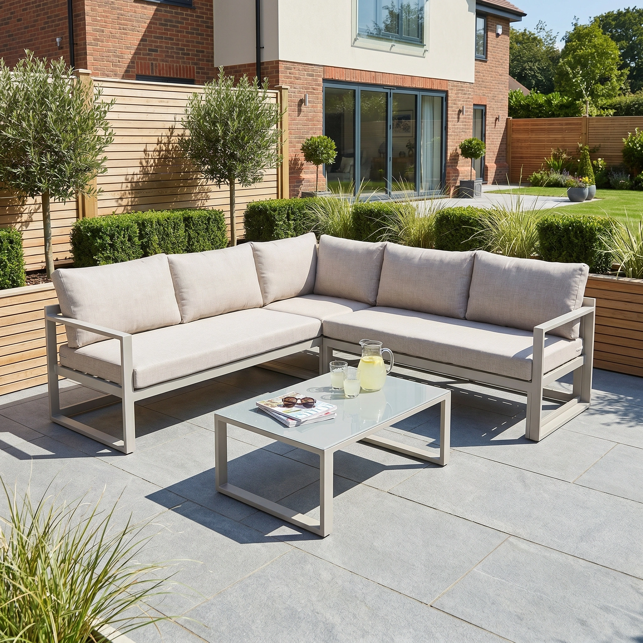 A modern patio with the Havana Corner Group Set in Latte, featuring an L-shaped reclining sofa and coffee table, surrounded by lush garden plants in a sunny backyard.