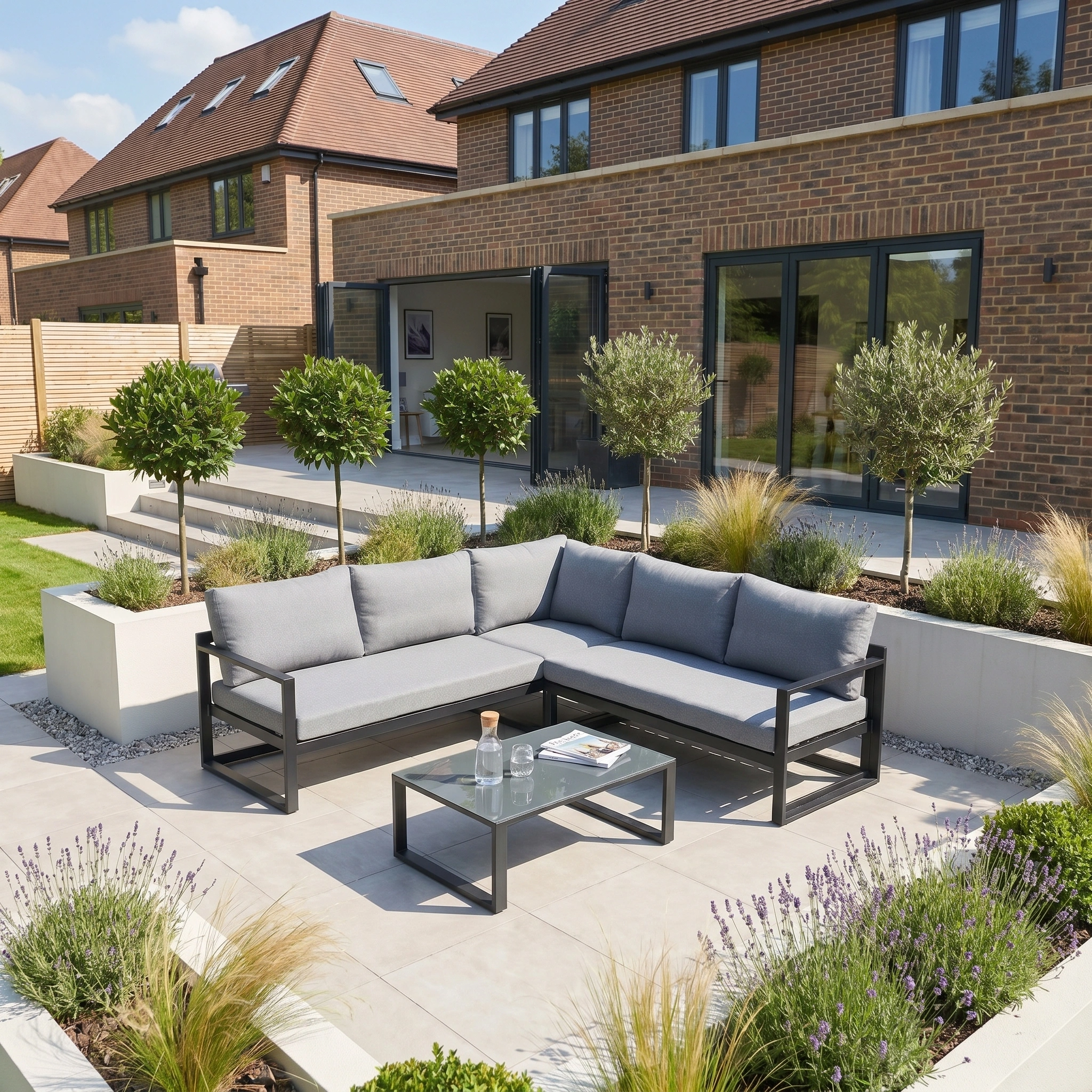 A modern patio with the Havana Corner Group Set in Washed Grey featuring reclining seats and a coffee table, set against a landscaped garden and brick house.