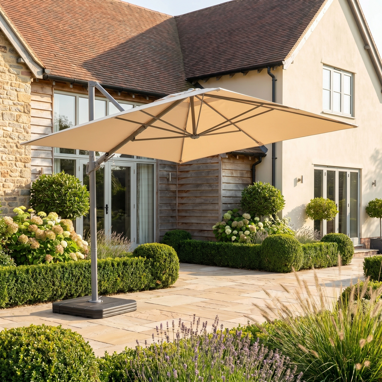 The Hera 2.7m Square Cantilever Parasol with LED Lighting in Beige provides UV50+ shade for a stone terrace in a landscaped garden next to a modern country house.