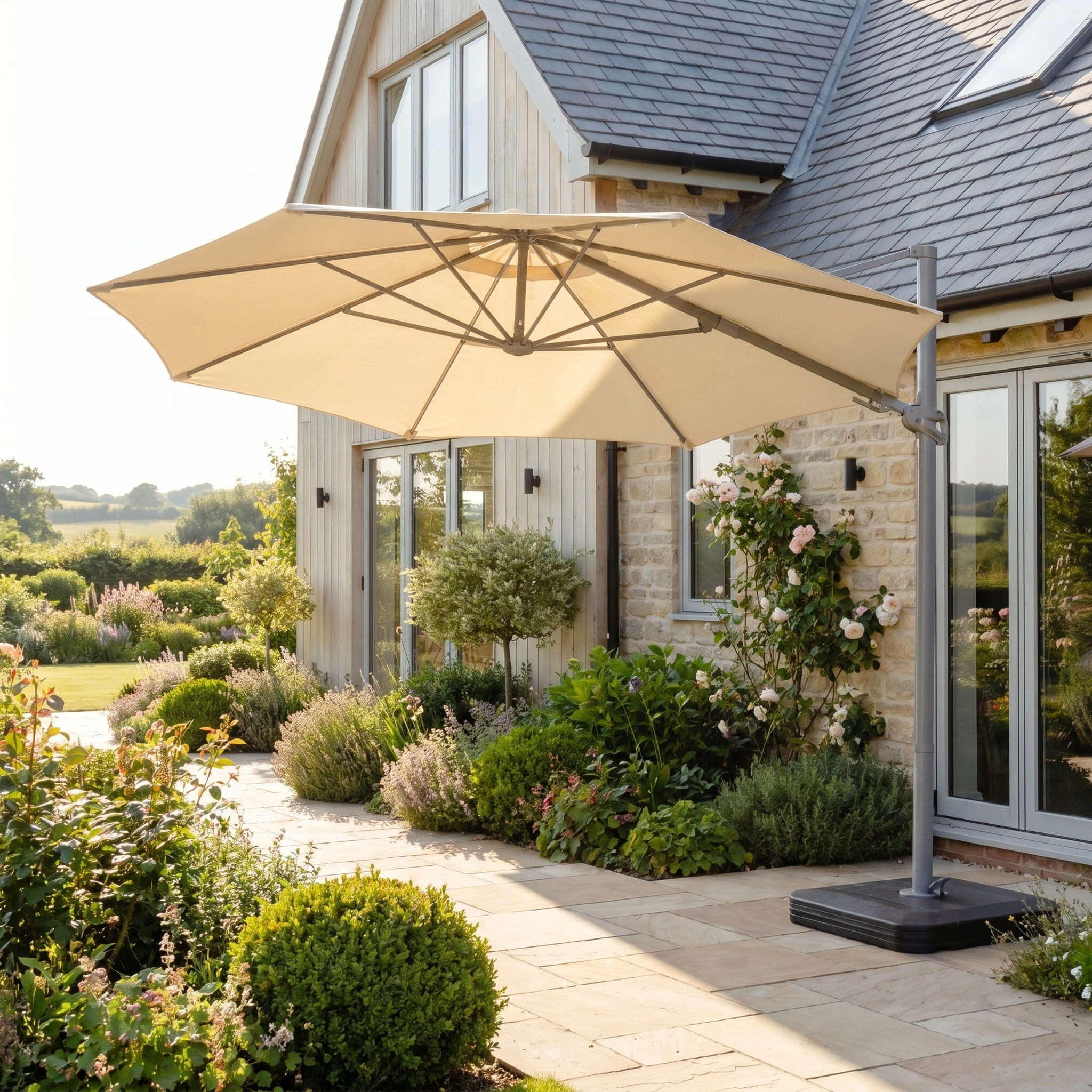 The Hera 3m Round Cantilever Parasol with LED Lighting in Beige provides shade for a stone patio beside a modern country house, surrounded by lush plants and flowers.