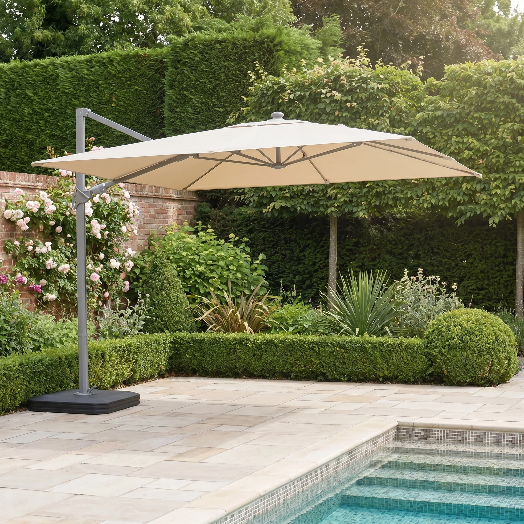 The Hera 3m x 2m Rectangular Cantilever Parasol with LED Lighting in Beige offers optimal shade beside a garden pool, featuring a UV-protection canopy for comfort and style.