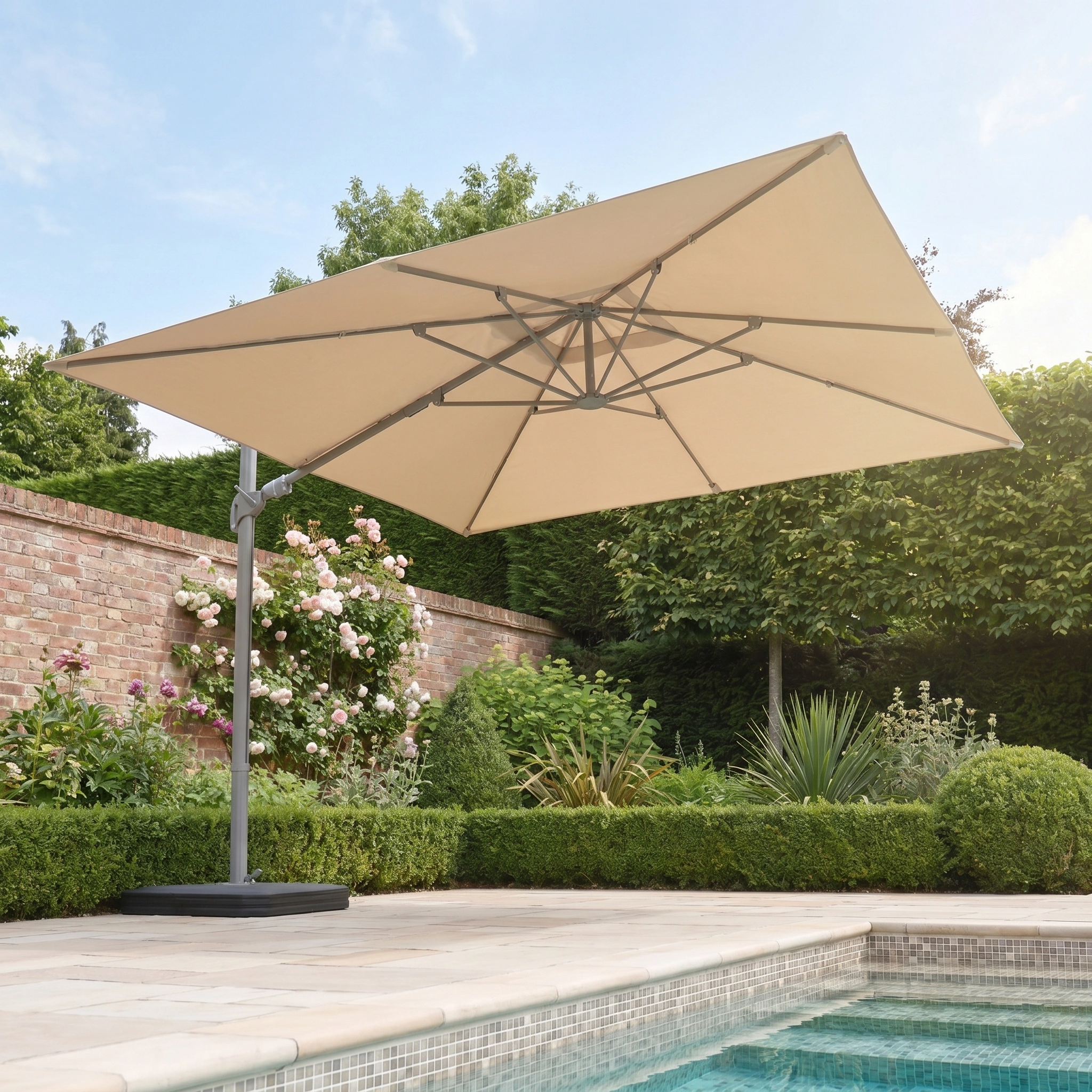 The Hera 3m x 2m Rectangular Cantilever Parasol with LED Lighting in Beige provides shade to the poolside area in a landscaped garden featuring a brick wall and plants.