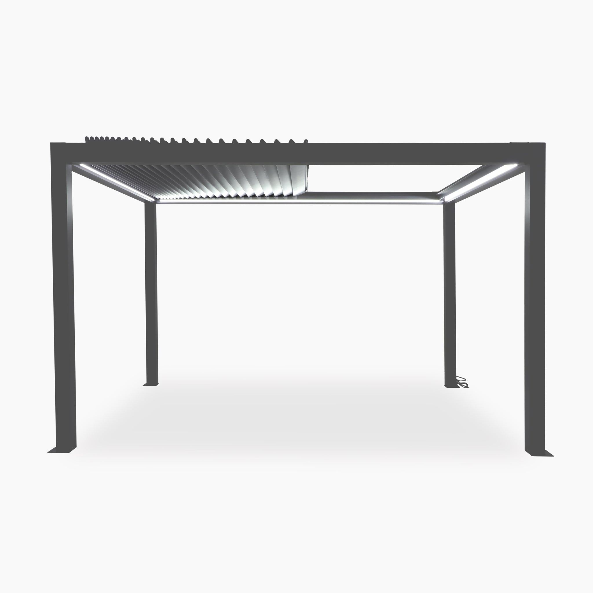 The Abierto Motorised 3m x 4m Pergola in grey features a retractable roof, LED lighting, sturdy frame, and comes with installation/delivery included.