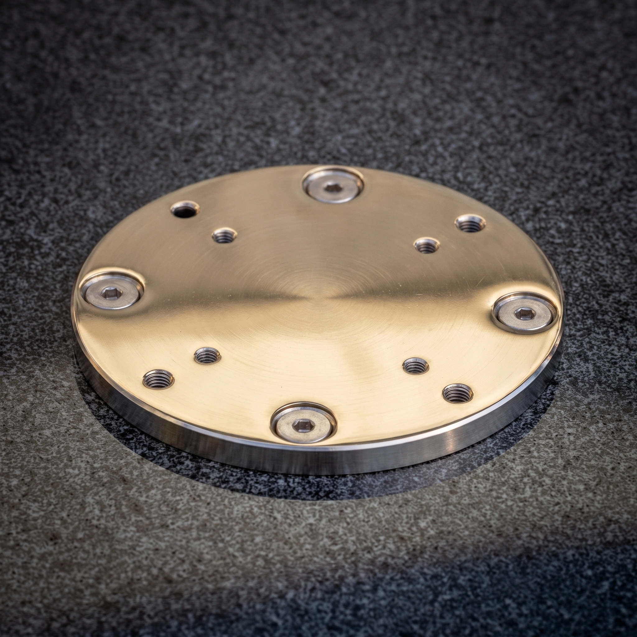 A Granite 120kg Cantilever Parasol Base With Wheels, featuring a round metal plate with screw holes, is displayed on a textured gray surface.