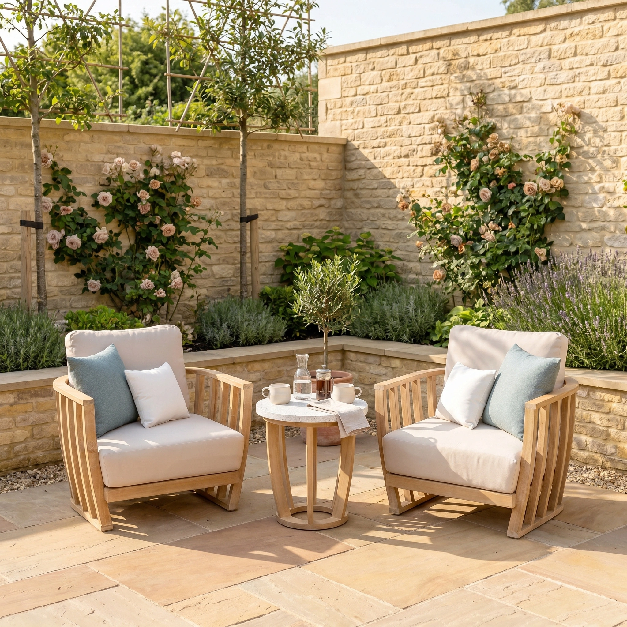 The Cape Lounge Set in Beige creates an inviting spot in a sunny, flower-filled patio garden with stone walls.