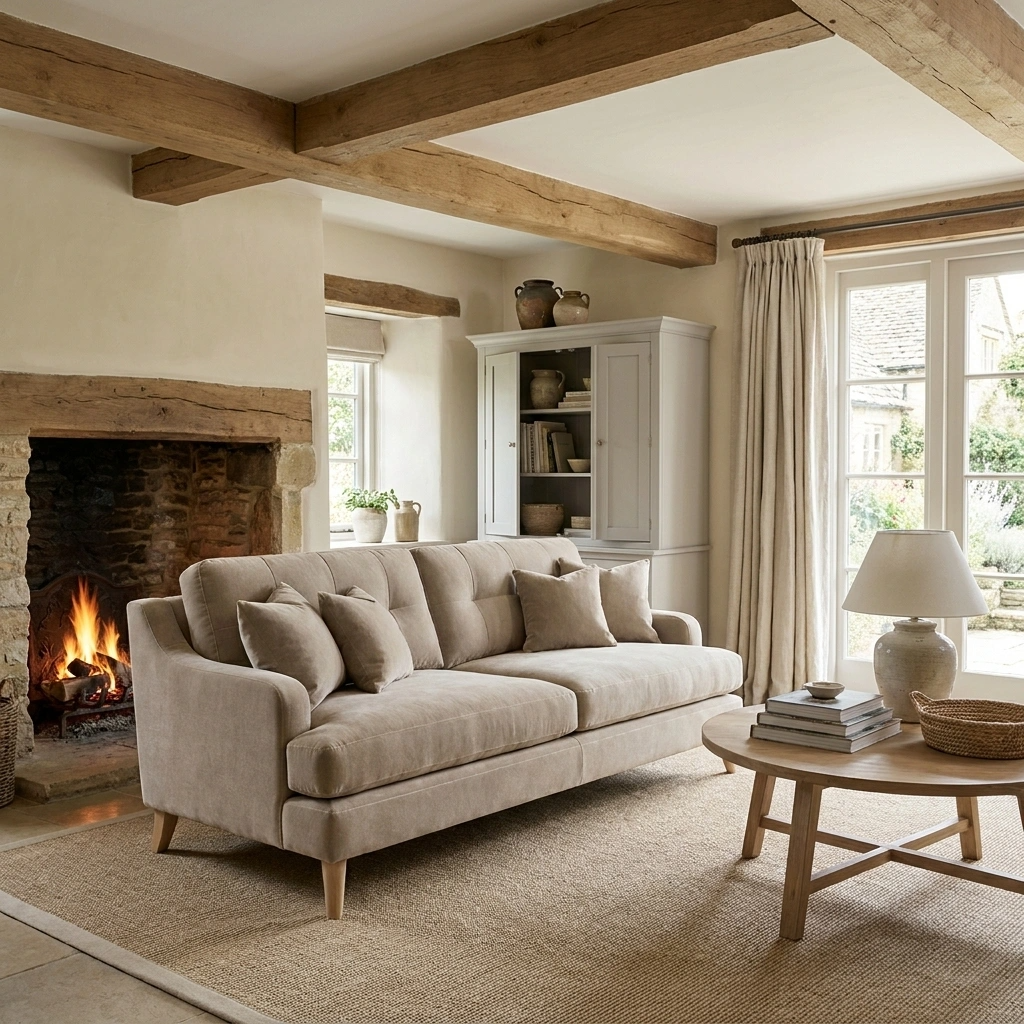 a living room with a fireplace and a couch