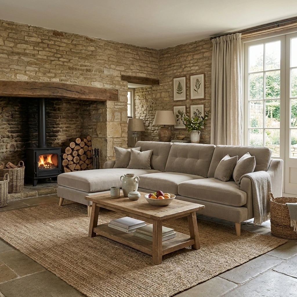 a living room with a fireplace and a couch