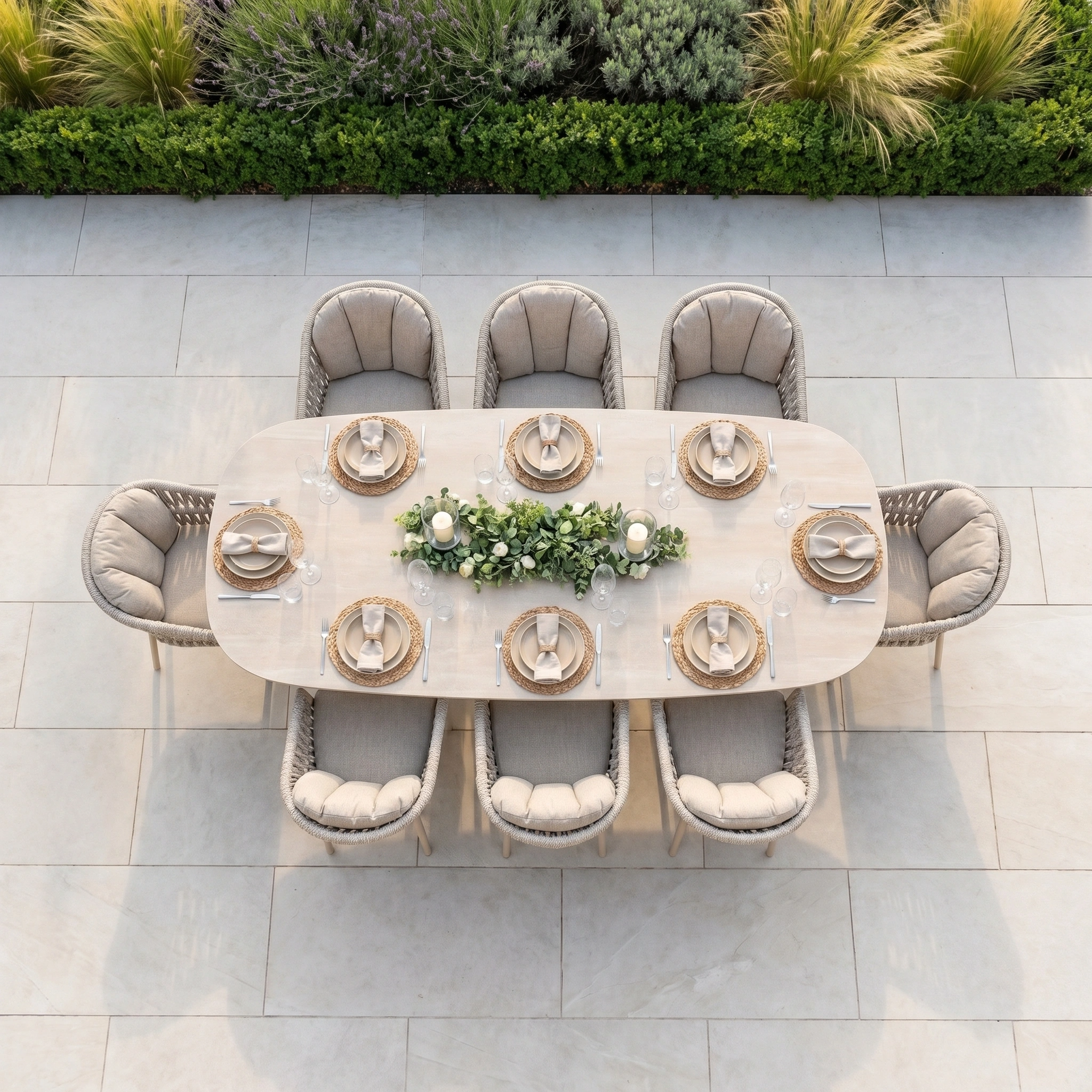 The Pello 8 Seat Oval Dining Set with Albatross Extending Table in Fawn features neutral chairs and is a durable, stylish choice for outdoor gatherings of up to eight.