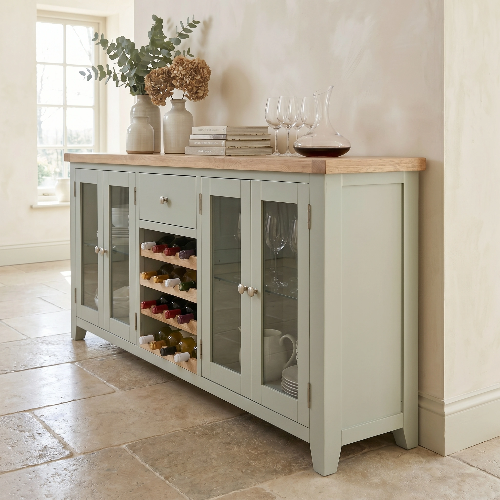 The Burford Grand Sideboard with Wine Rack in Sage Green offers glass doors and ample space for wine bottles, glasses, and vases—perfect for displaying your collection or serving as a stylish centerpiece in any bright tiled room.