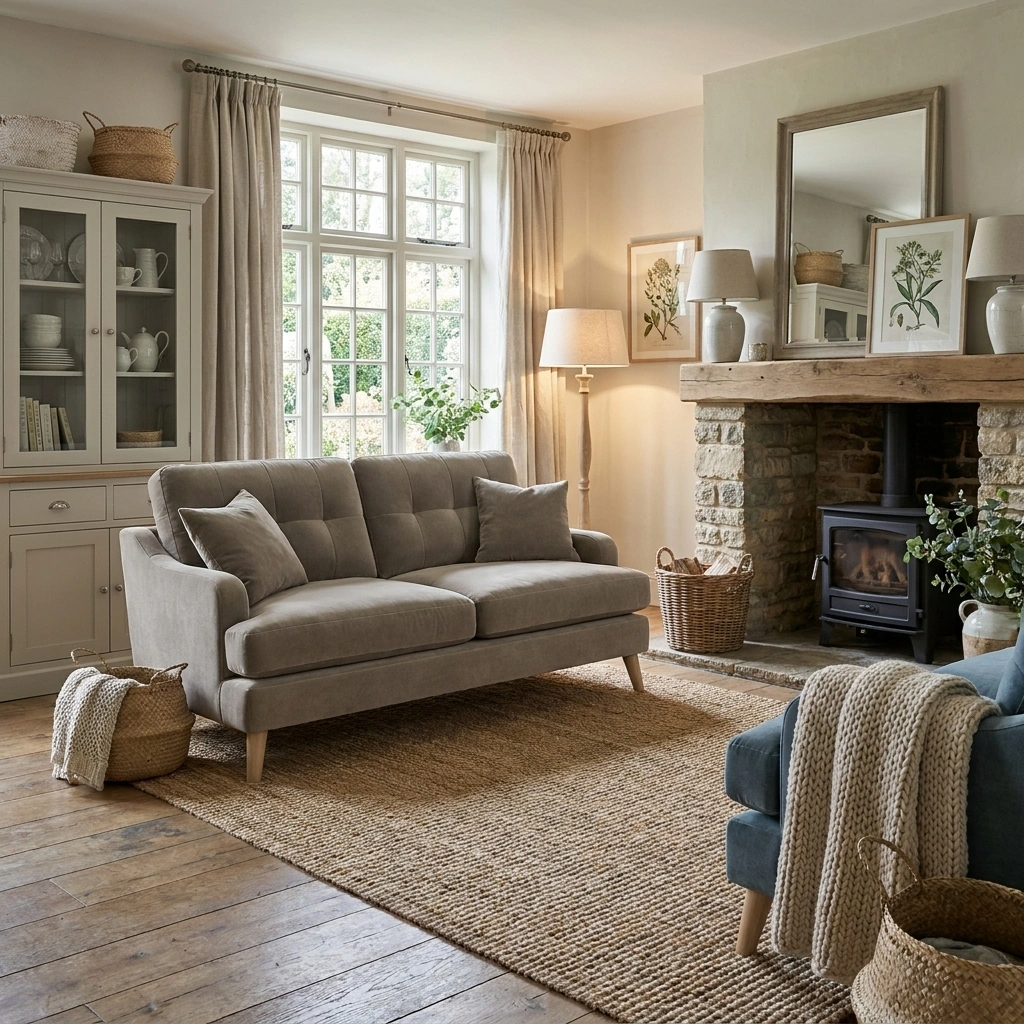 a living room with a fireplace and a couch