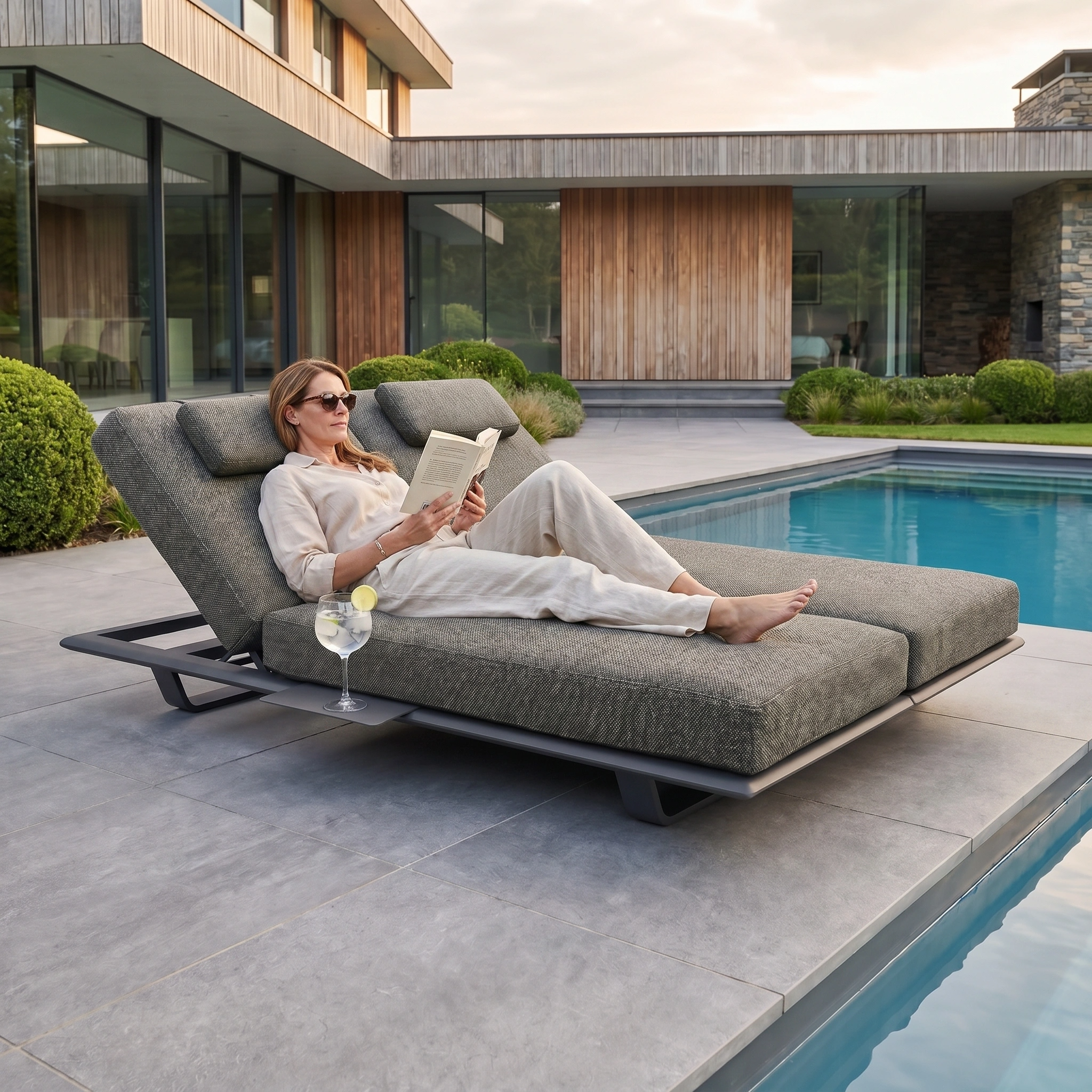 A woman relaxes by the pool at a modern house on the Hatia Double Sun Lounger with Side Table in Charcoal, reading a book with a drink beside her.