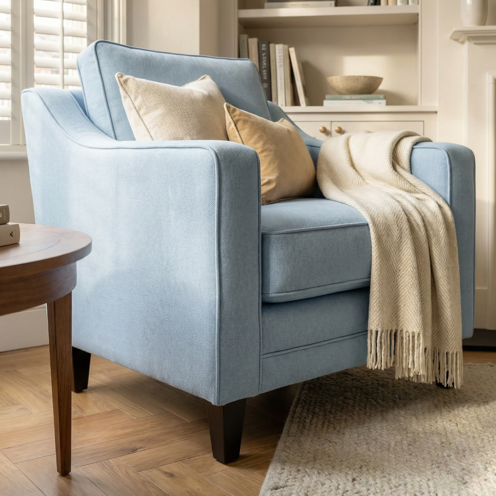 A Wiltshire Armchair in Sky Blue, handmade in England, is paired with beige pillows and a cream blanket, set on a wooden floor next to a side table.