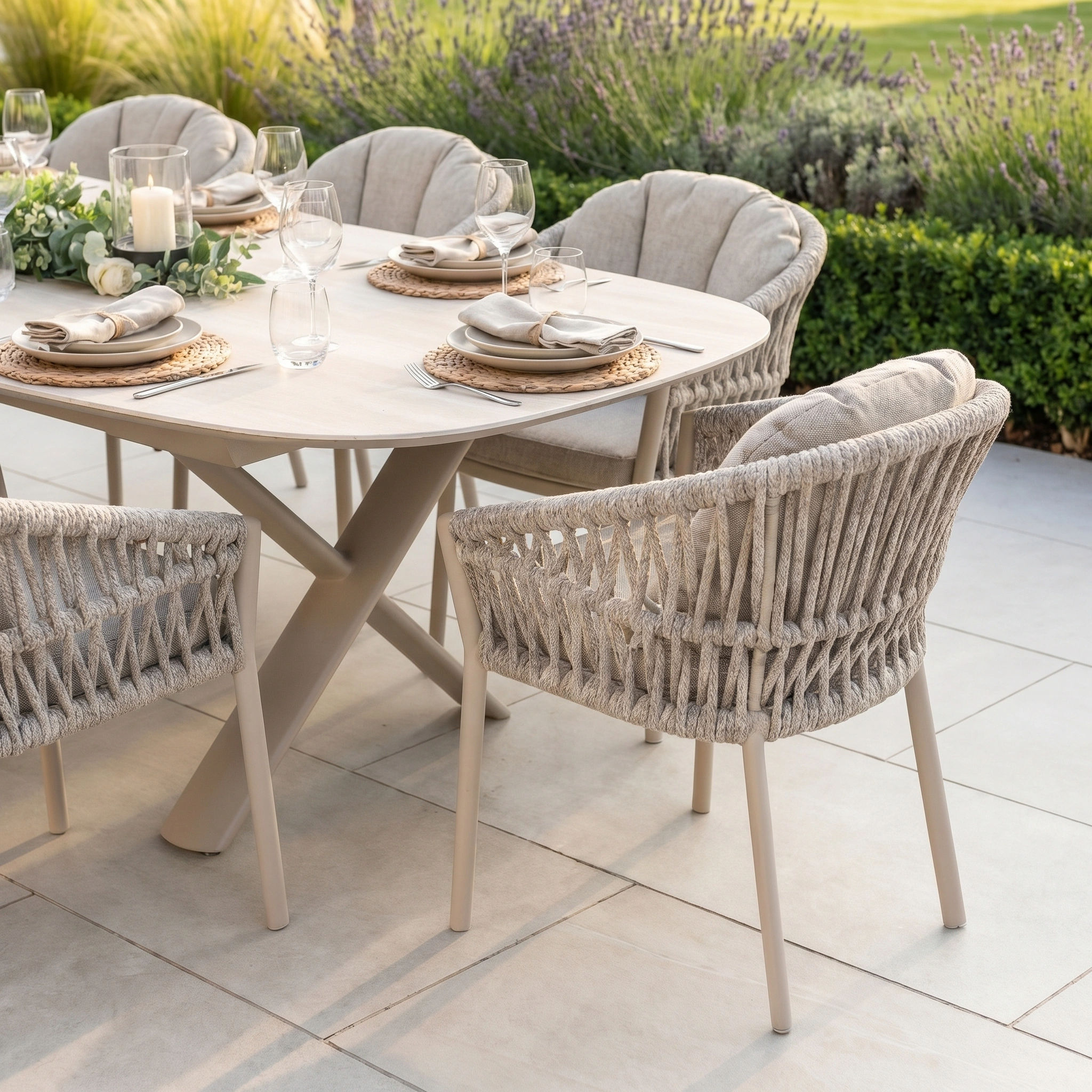 The Pello 8 Seat Oval Dining Set with Albatross Extending Table in Fawn offers spacious and stylish outdoor dining, ideal for gatherings on your patio amid lush greenery.