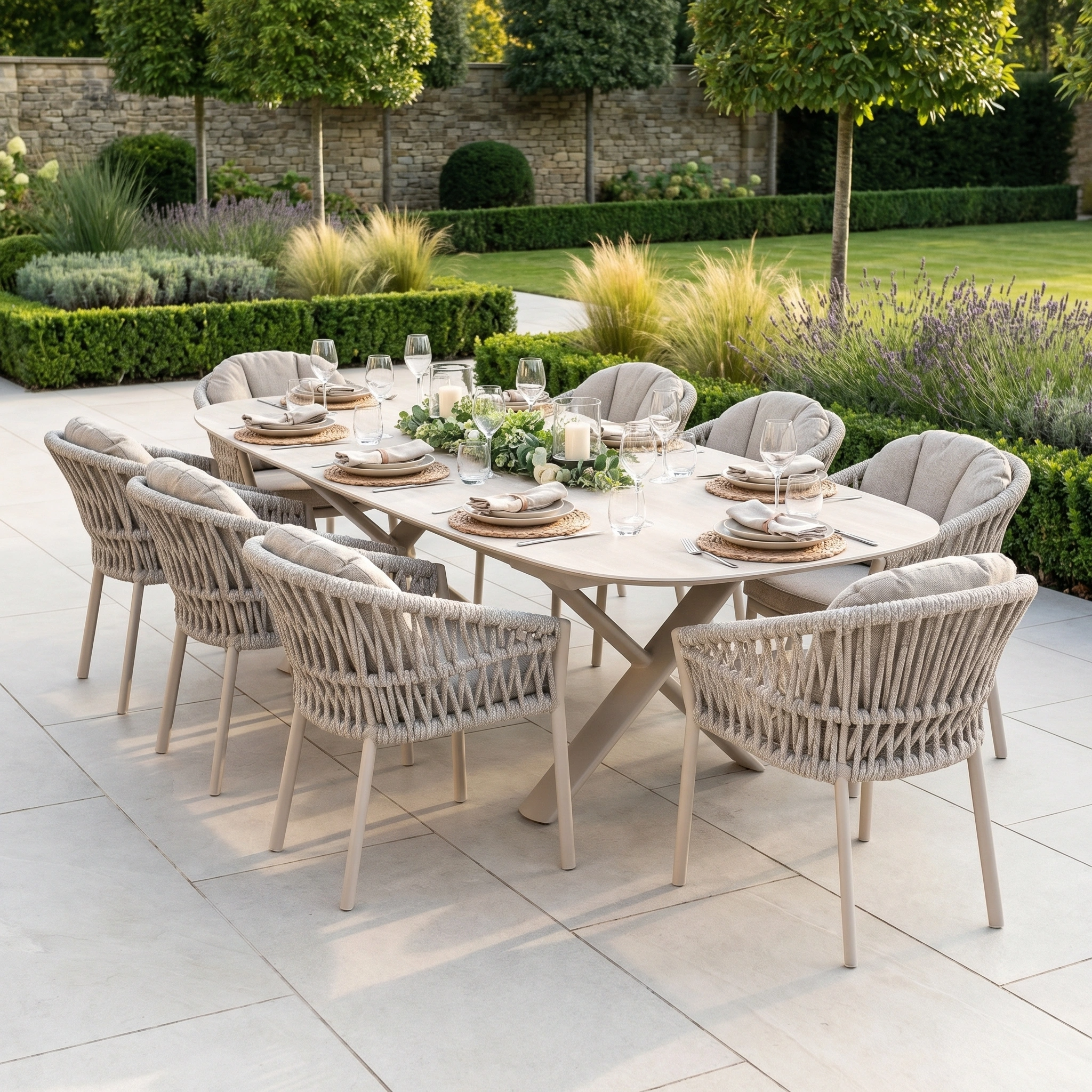 The Pello 8 Seat Oval Dining Set with Albatross Extending Table in Fawn features cushioned chairs and a spacious, durable design—ideal outdoor furniture for stylish garden patio gatherings of up to eight guests.