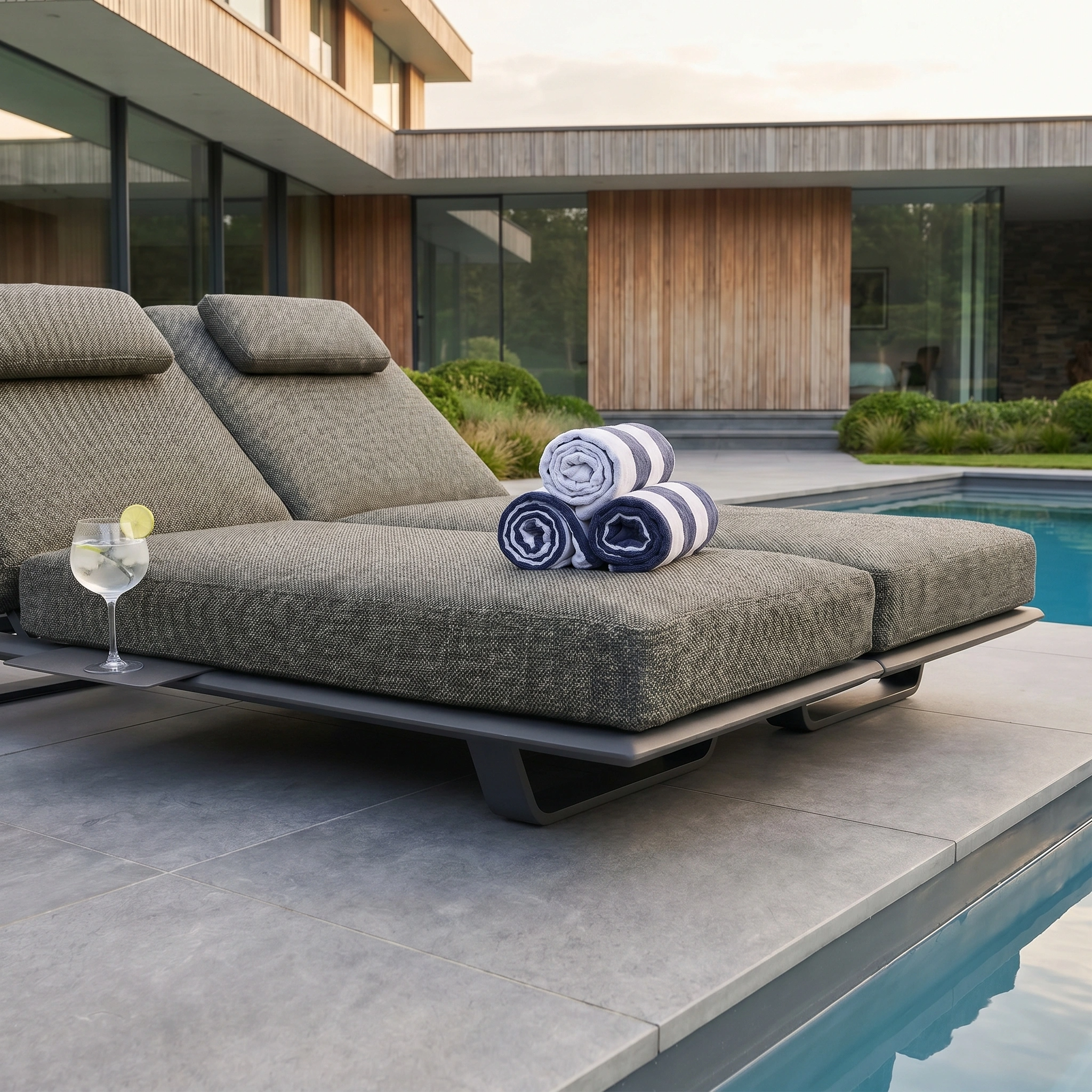 The Hatia Double Sun Lounger with Side Table in Charcoal sits by a modern poolside patio, offering stylish comfort and UV-resistant relaxation—complete with rolled towels and drinks for ultimate outdoor enjoyment.