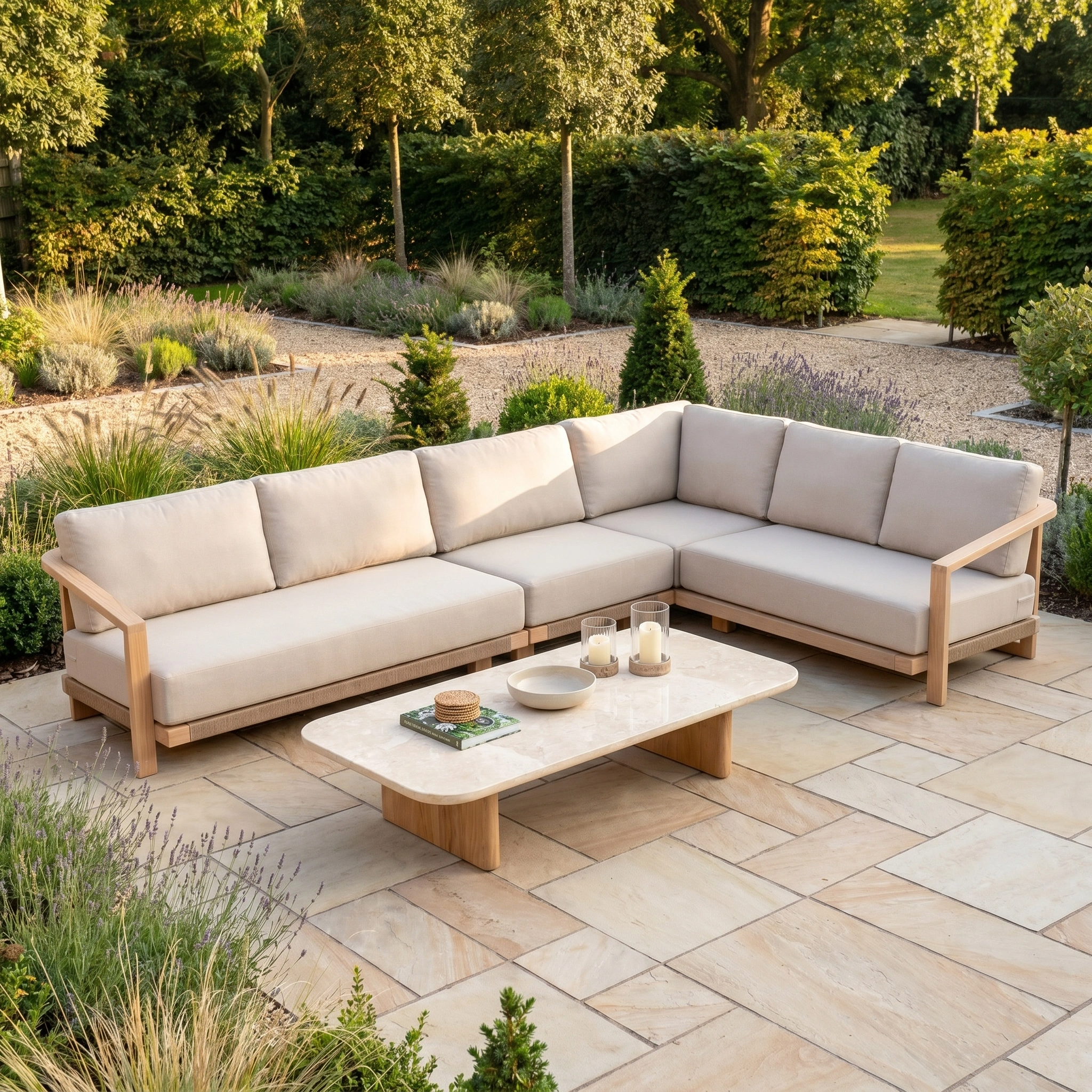 Modern outdoor patio with the Tivoli Large Corner Set with Marble Coffee Table in Fawn, featuring a beige L-shaped sofa, elegant marble table, and lush greenery in the background.