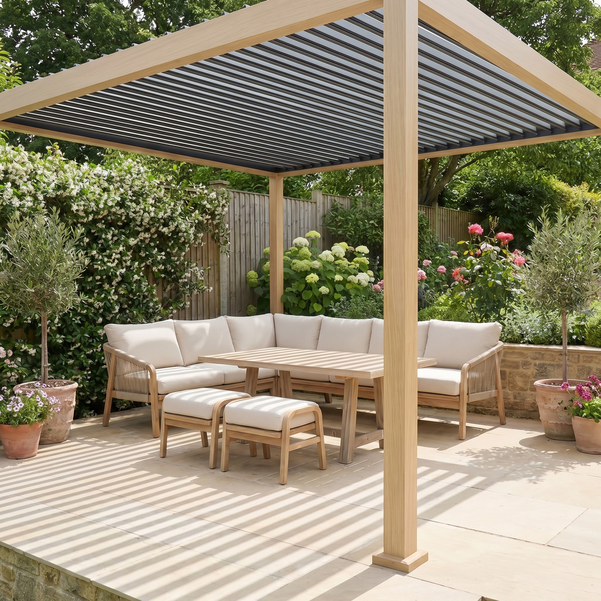 Modern garden patio featuring the PergoSTET Lite Neo 3m x 4m Metal Rectangular Pergola with Wood Effect, cushioned seating, a table, and potted plants on a stone floor.