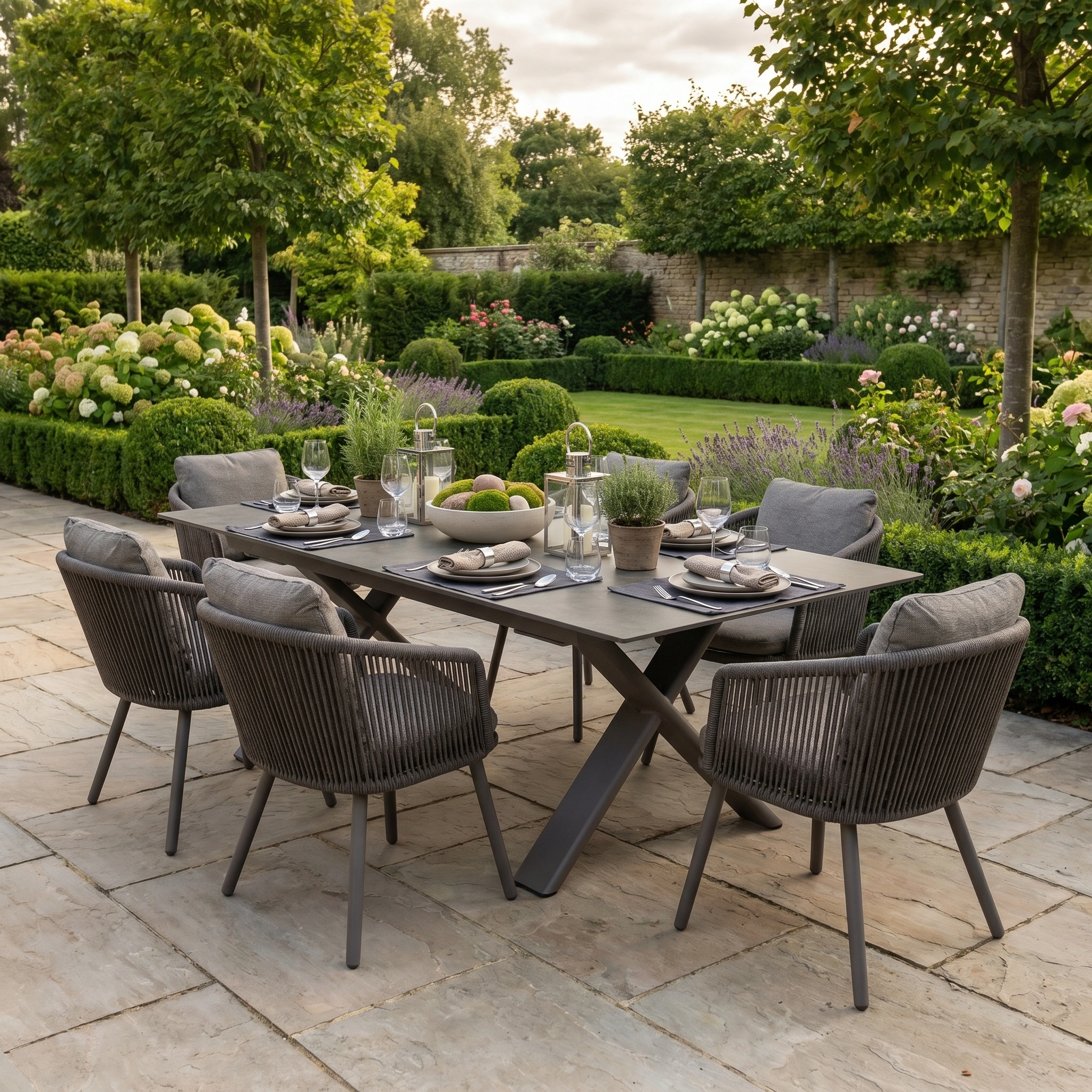 The Dekota 6 Seat Rope Dining Set with Albatross Extending Table in Charcoal is arranged for dining in a lush, landscaped garden.