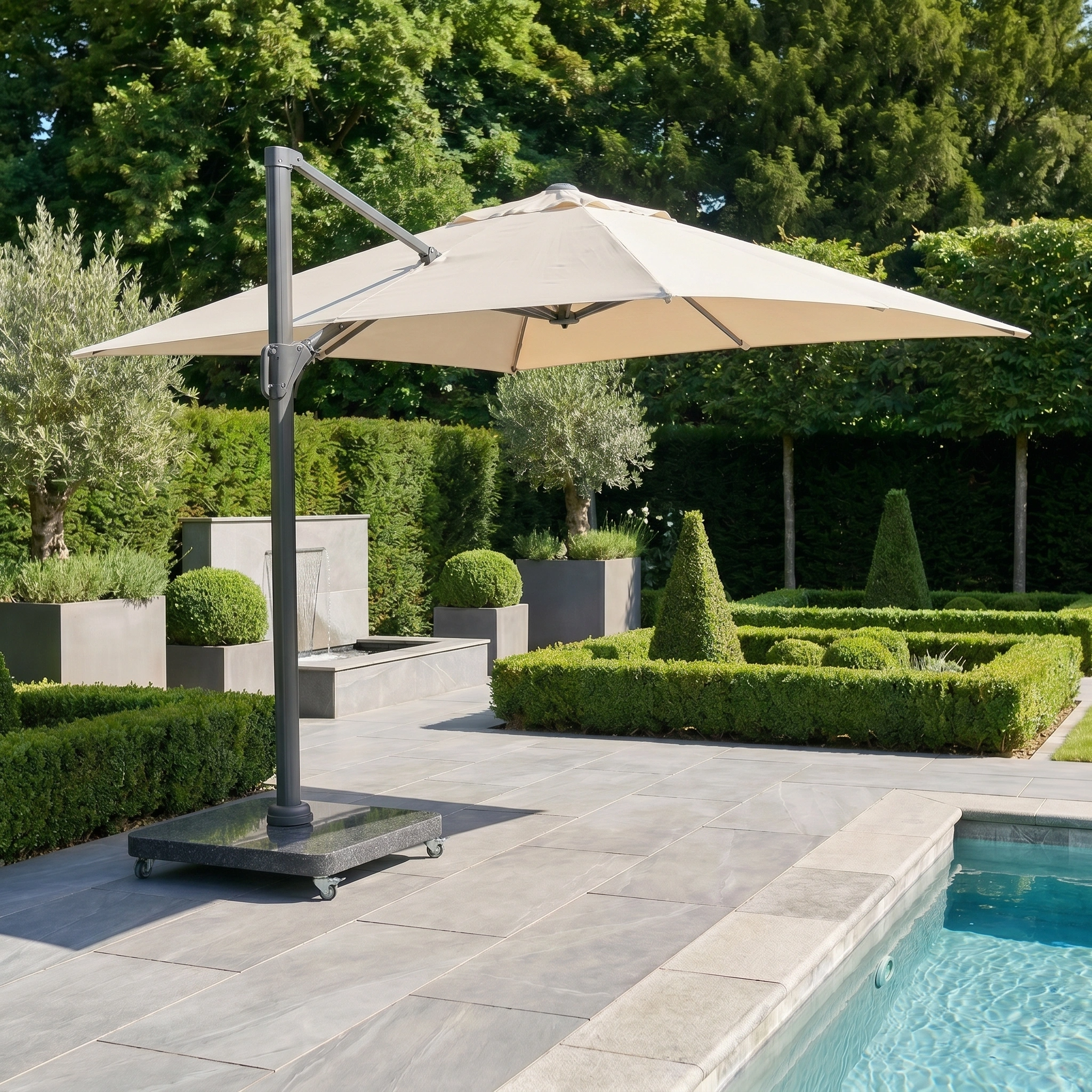 The Challenger T2 Premium 3.5m x 2.6m Rectangular Cantilever Parasol in Champagne stands by a pool, providing outdoor shade among manicured hedges and lush green trees.