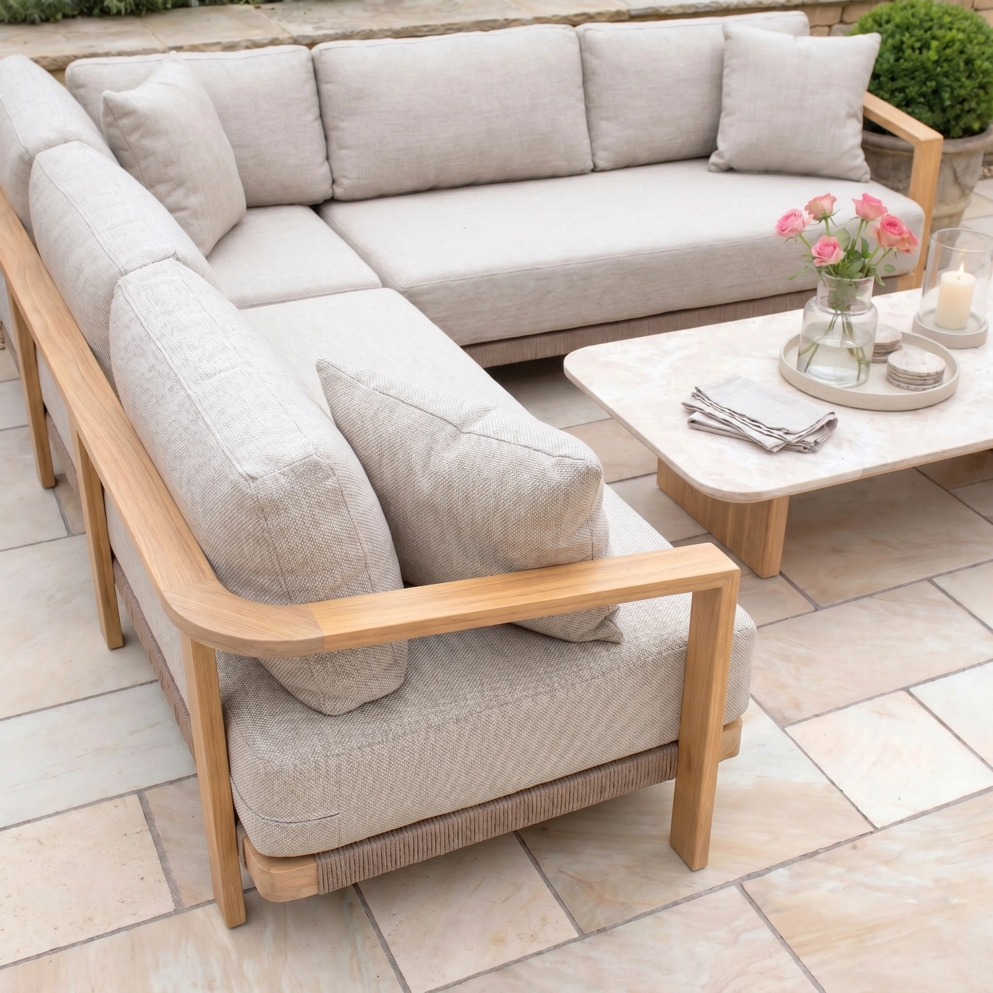 Modern outdoor patio with a Tivoli Corner Set with Marble Coffee Table in Fawn, decorated with flowers and candles on stone tiles.