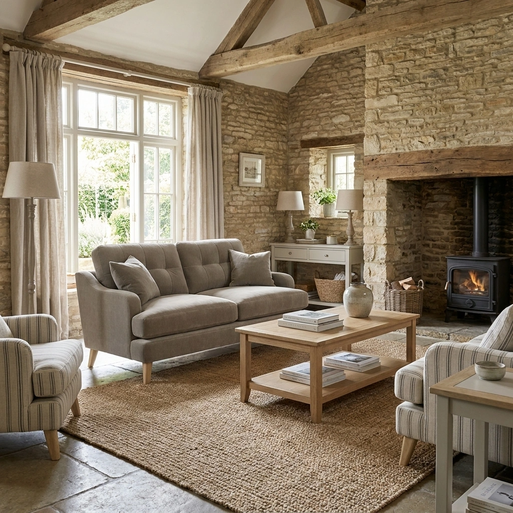 a living room with a fireplace and couches