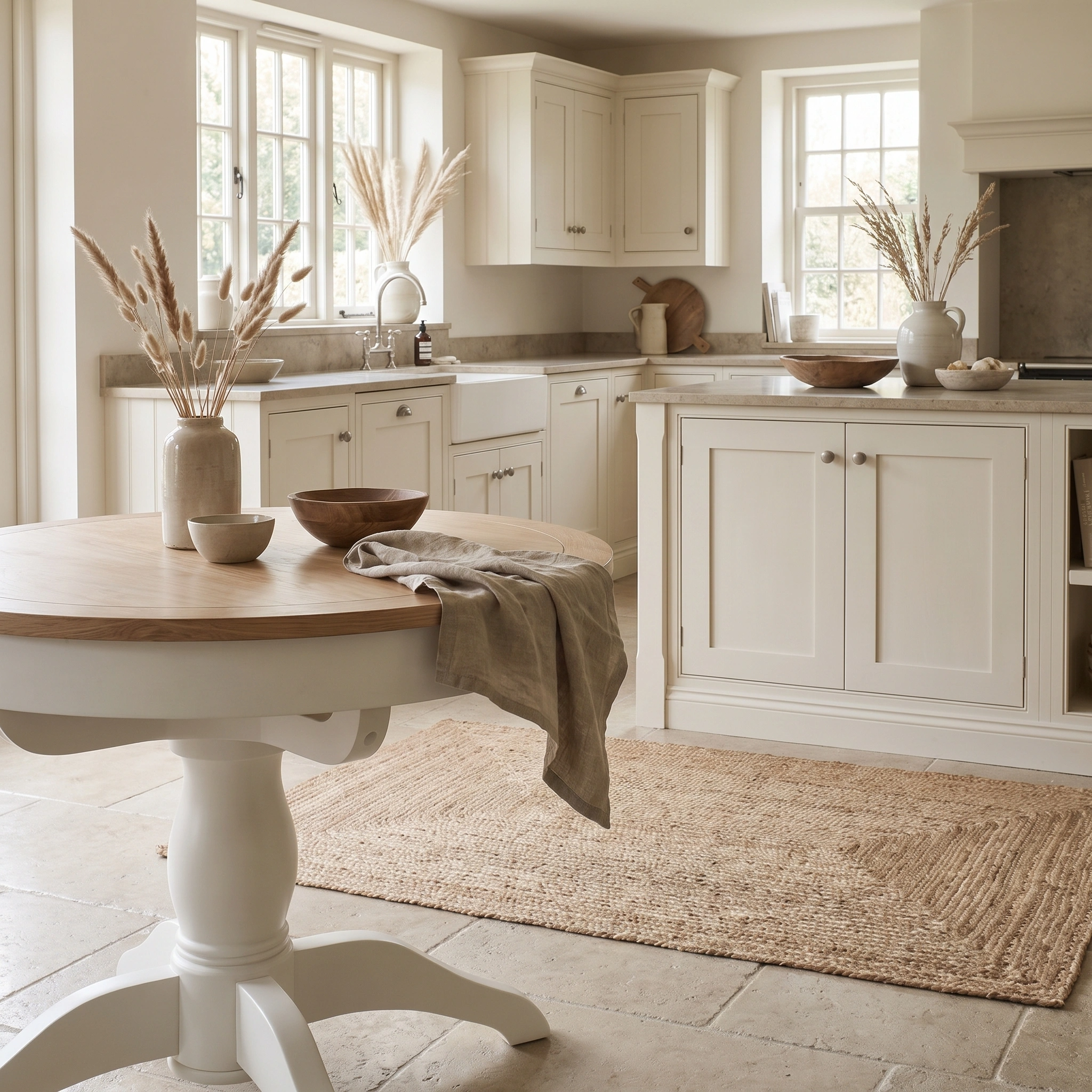 A bright farmhouse kitchen featuring white cabinets, wooden accents, and the Amberley 4-6 Seater Round Extending Dining Table in Warm White at the center, complemented by decorative vases filled with dried grass.