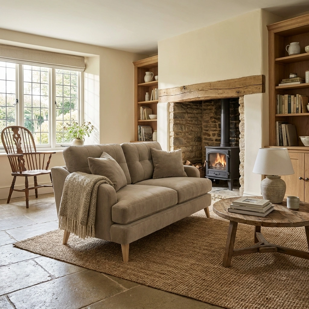a living room with a fireplace and a couch