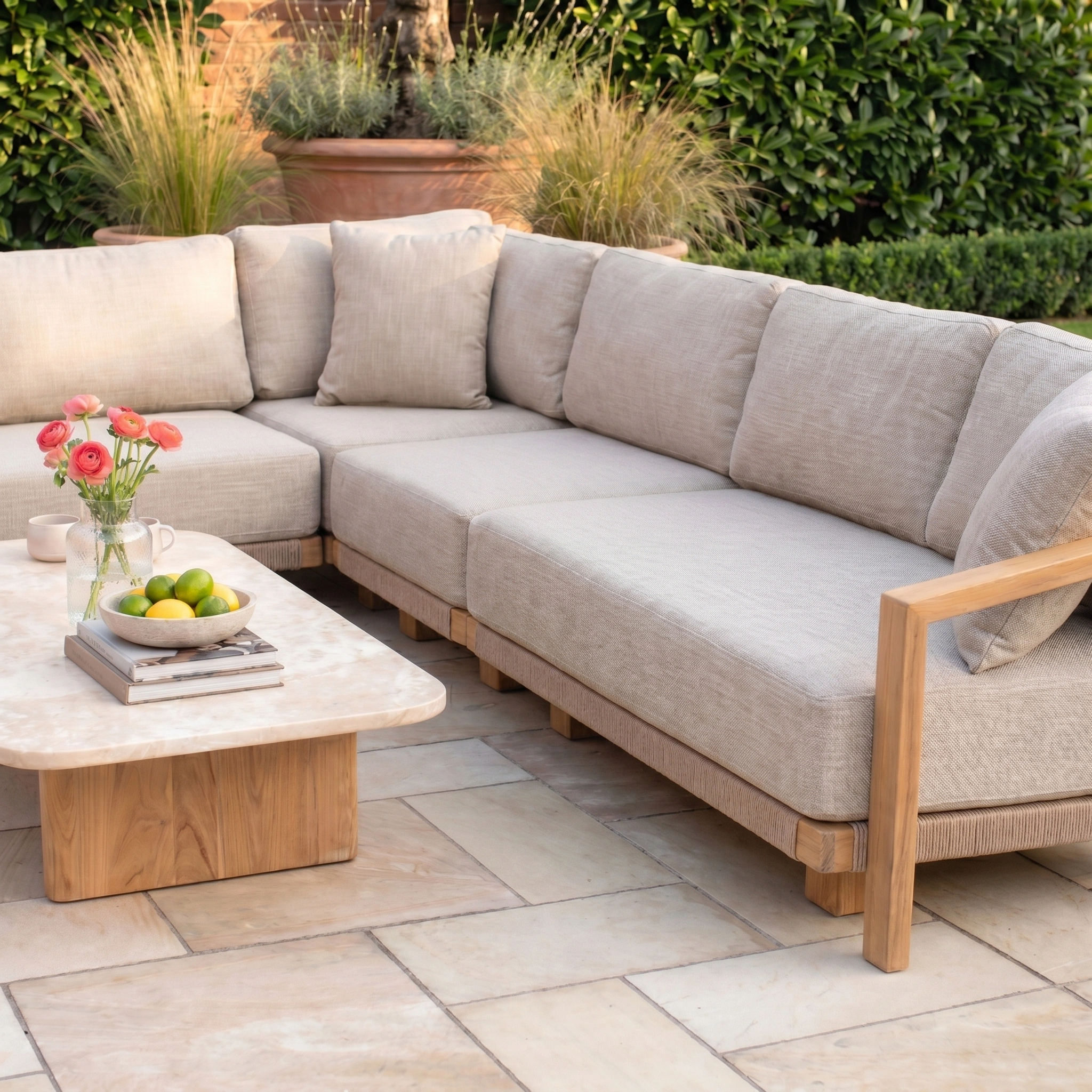 Outdoor patio featuring the Tivoli Large Corner Set with Marble Coffee Table in Fawn, decorated with flowers and a bowl of fruit.
