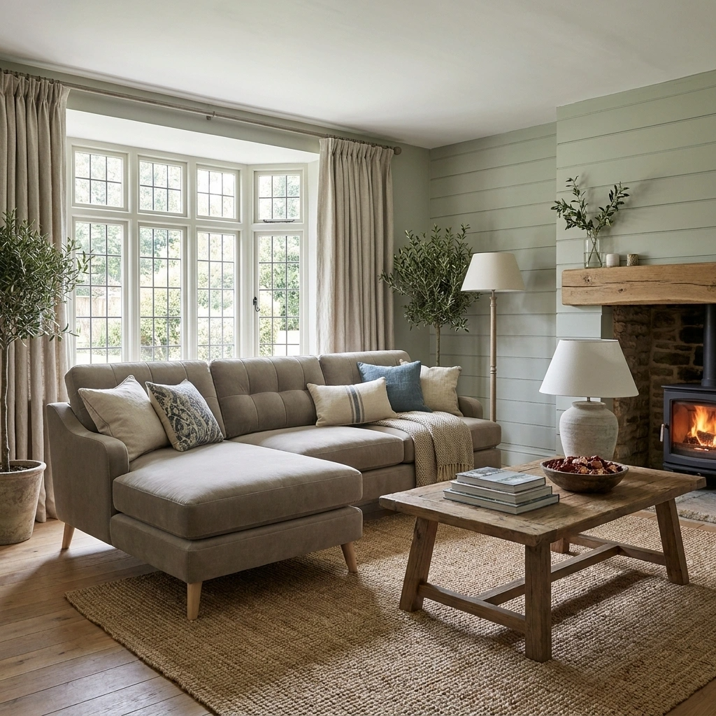a living room with a fireplace and a couch