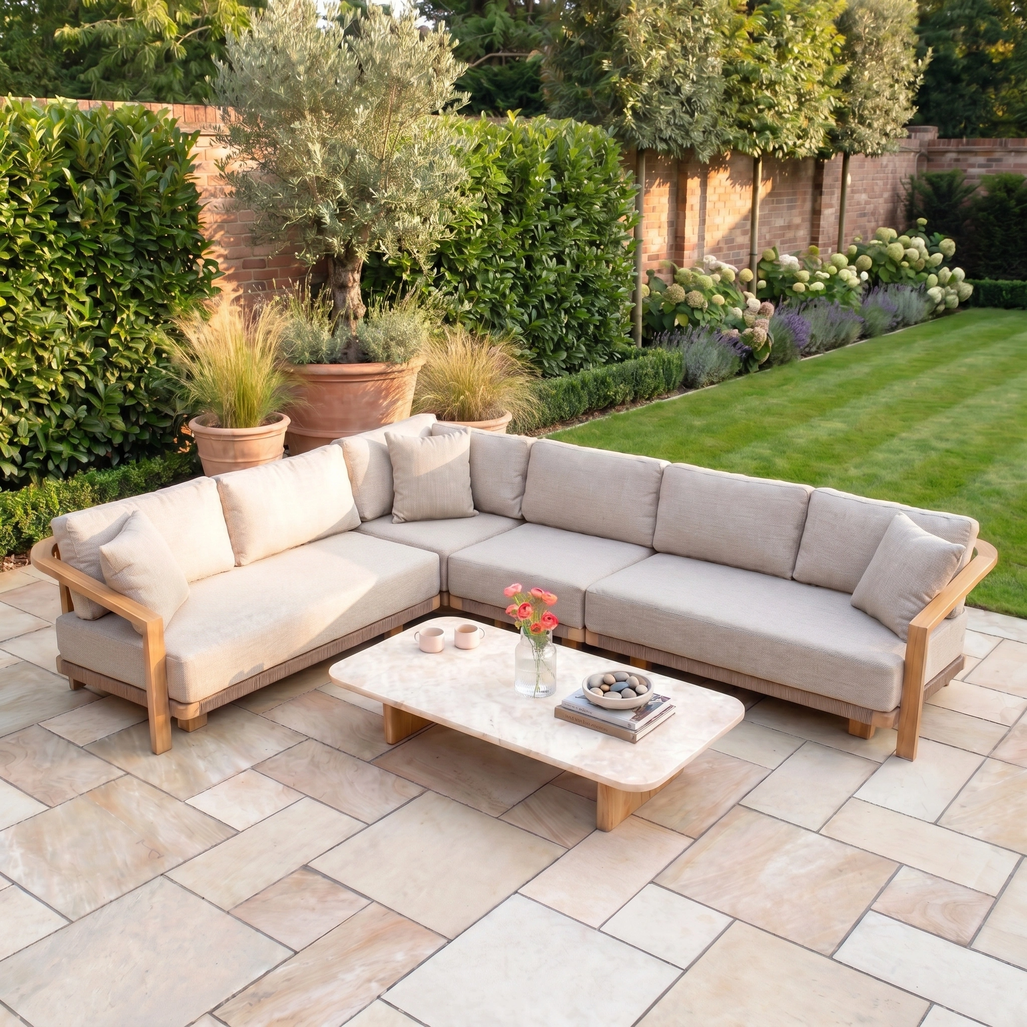 The Tivoli Large Corner Set with Marble Coffee Table in Fawn sits on a stone patio, surrounded by lush garden and green lawn.
