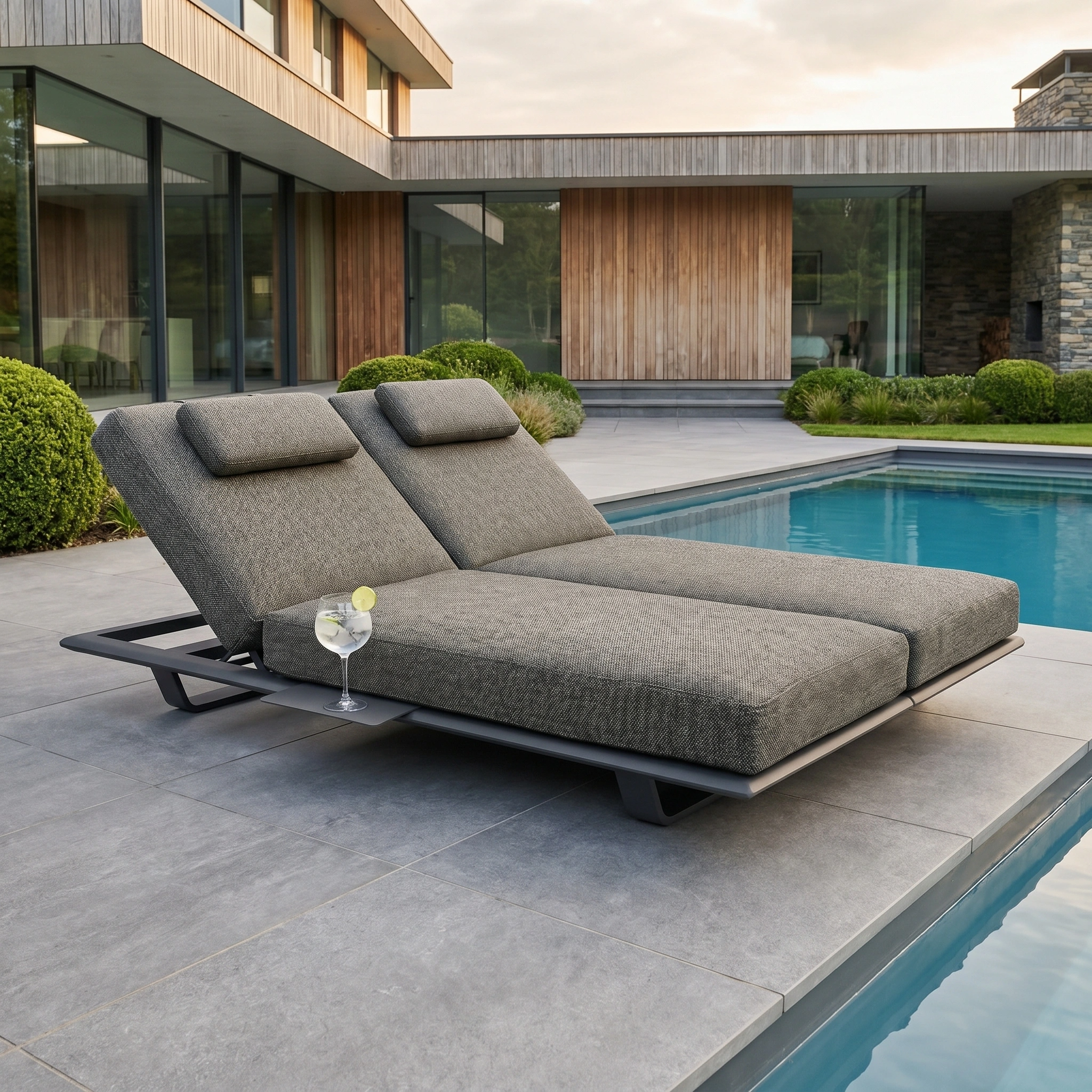 The Hatia Double Sun Lounger with Side Table in Charcoal is set by a modern pool, featuring plush cushions and a drink on the side, perfect for relaxing in a beautifully landscaped backyard.
