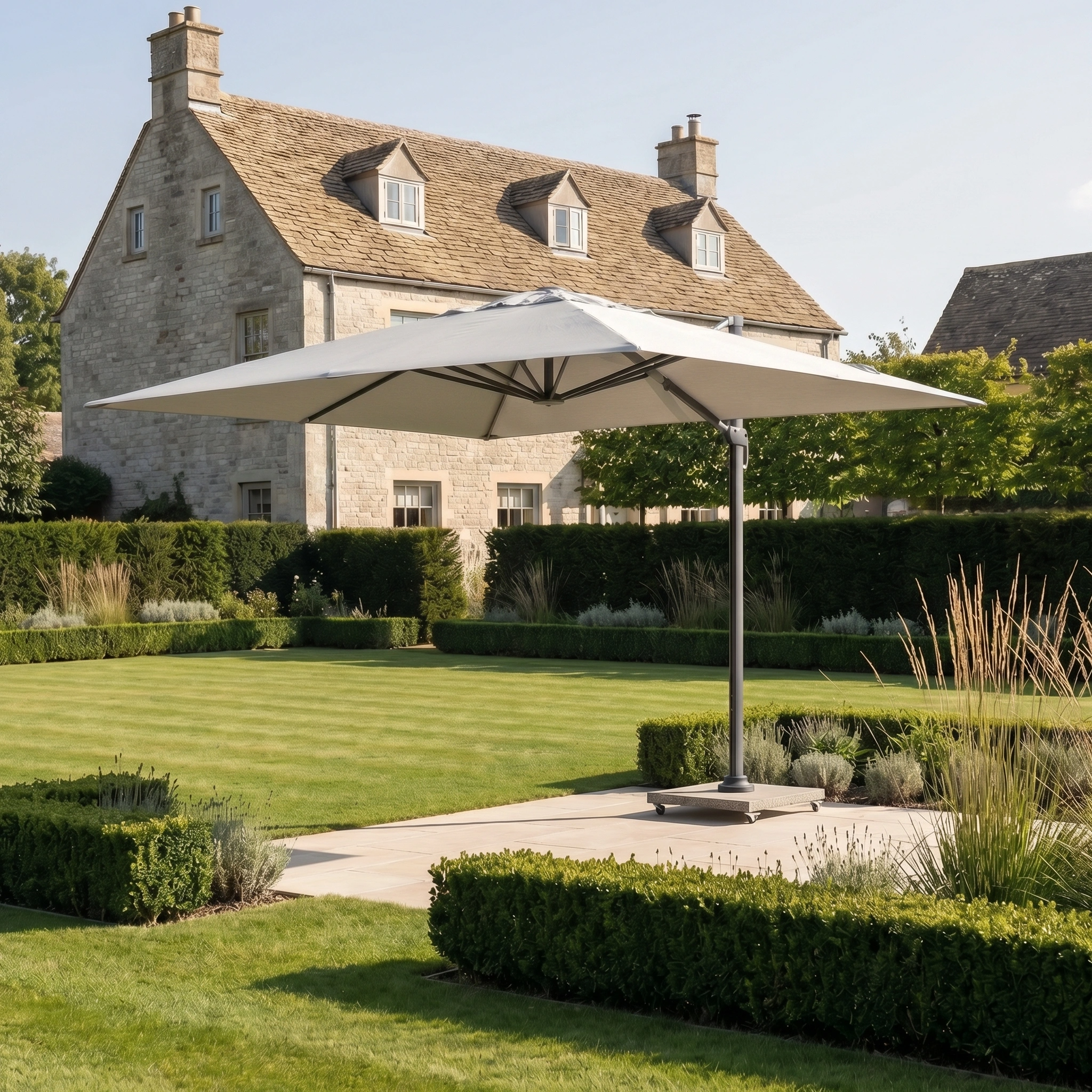 The Nexus T2 Premium 3m Square Cantilever Parasol in Manhattan Grey with a 90kg granite base provides versatile 360-degree shade for your lawn or garden, beautifully complementing outdoor spaces beside a stone house.