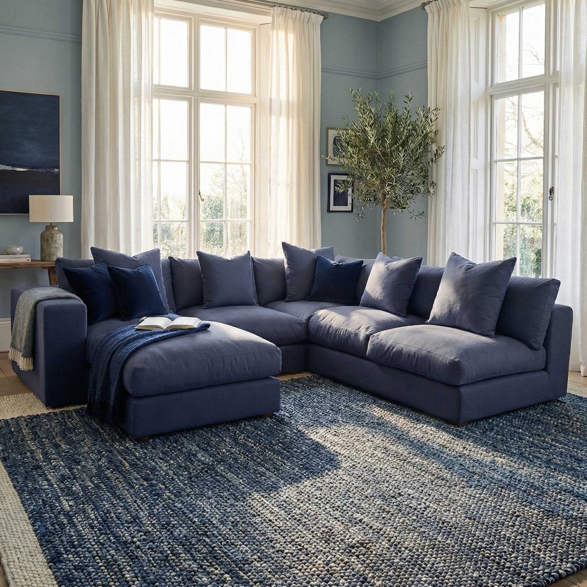 The Hampshire Modular Corner Sofa in Midnight Blue, with duck feather and down cushions, sits on a blue rug in a bright living room with large windows and sheer curtains.