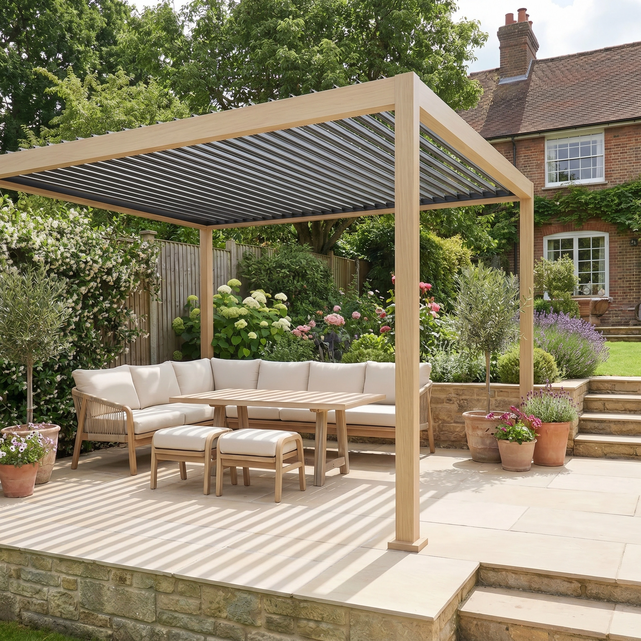PergoSTET Lite Neo 3m x 4m Metal Rectangular Pergola with Wood Effect offers cozy outdoor seating on a sunny patio, surrounded by potted plants and greenery. Features tilting steel louvres for adjustable shade and comfort.