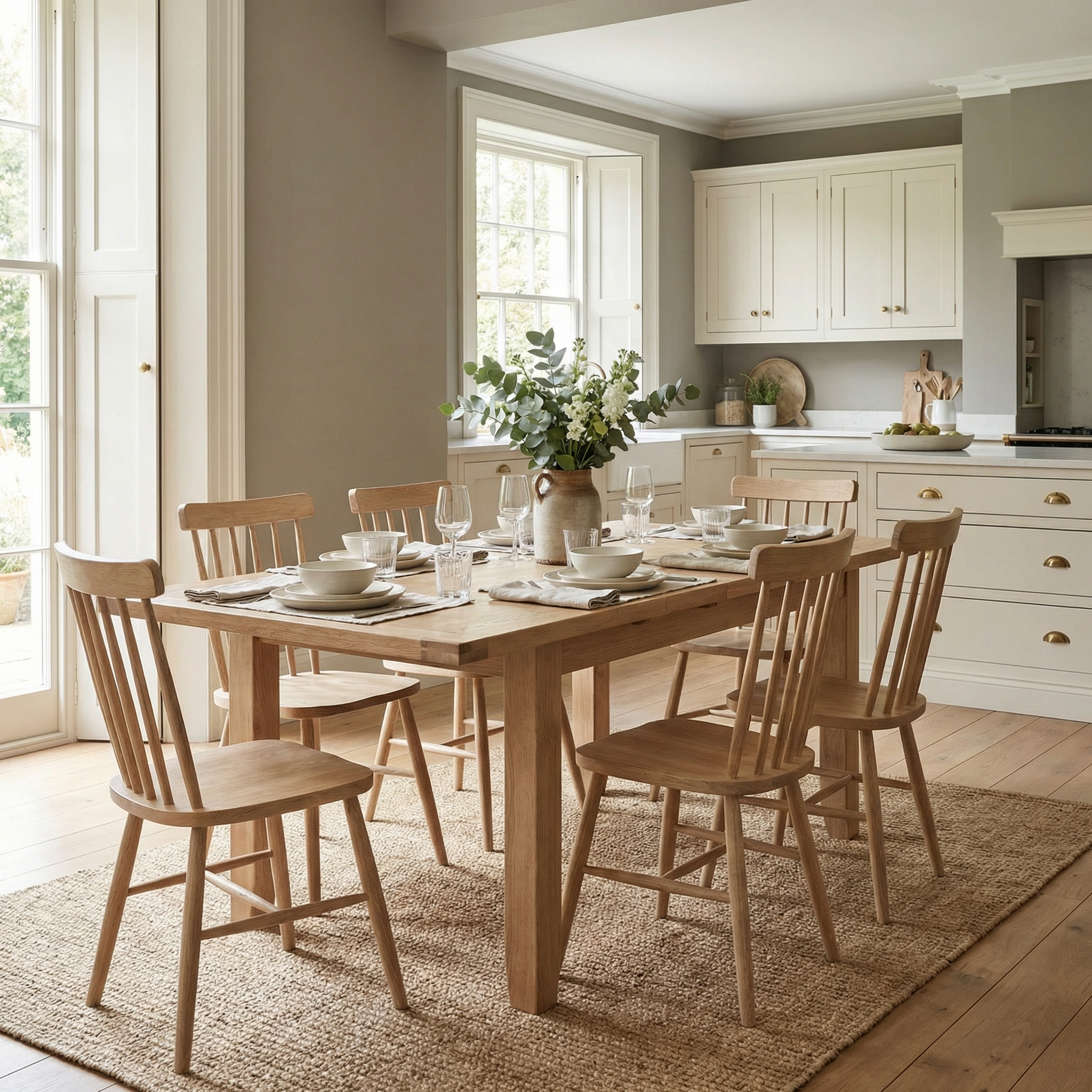 A bright dining room with a wooden table, tableware, a vase of greenery, and three Burford Sets of 2 Spindleback Dining Chairs in Natural Oak.