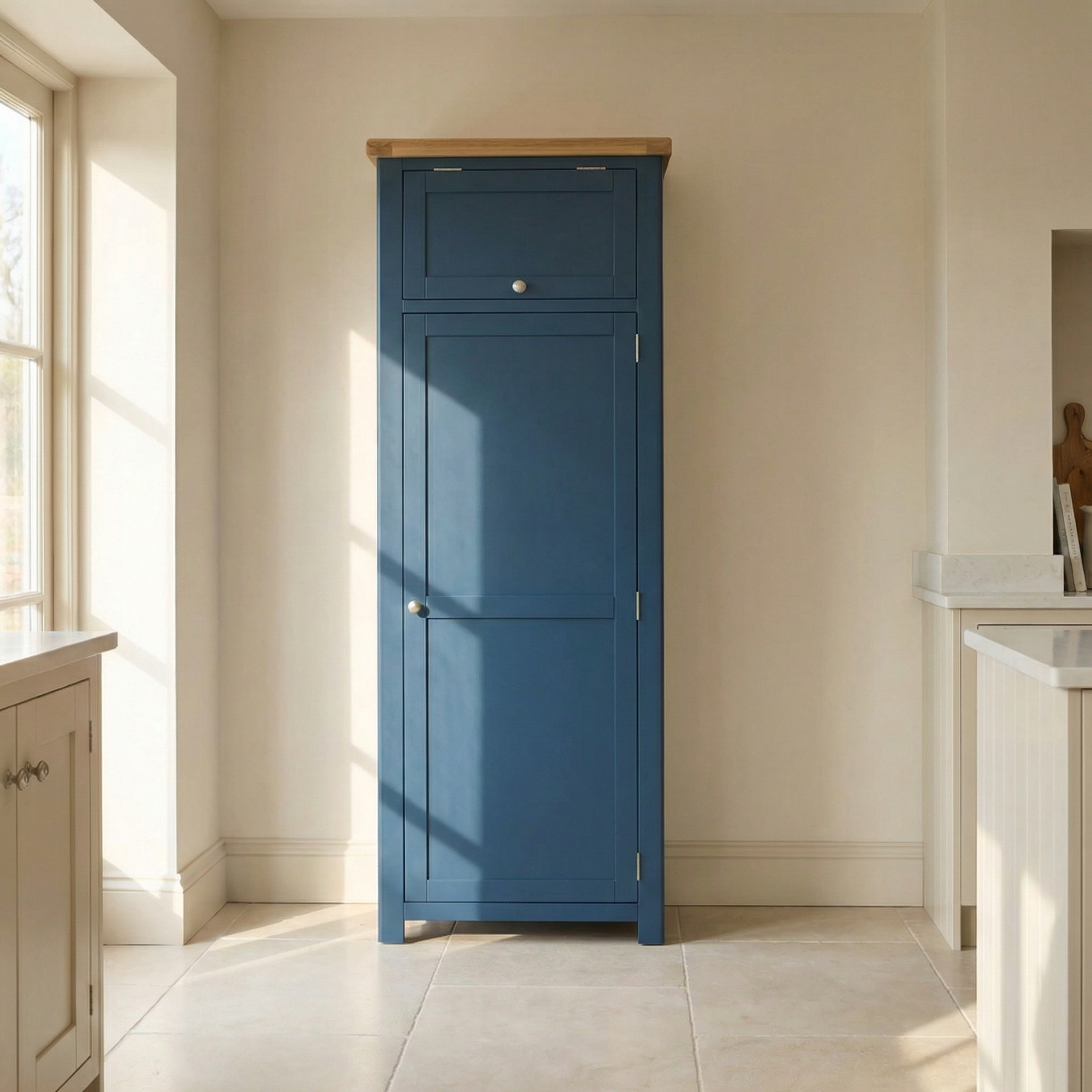 The Burford Single Larder Unit in Navy Blue with silver knobs stands in a bright kitchen featuring a tiled floor and cream-colored walls.