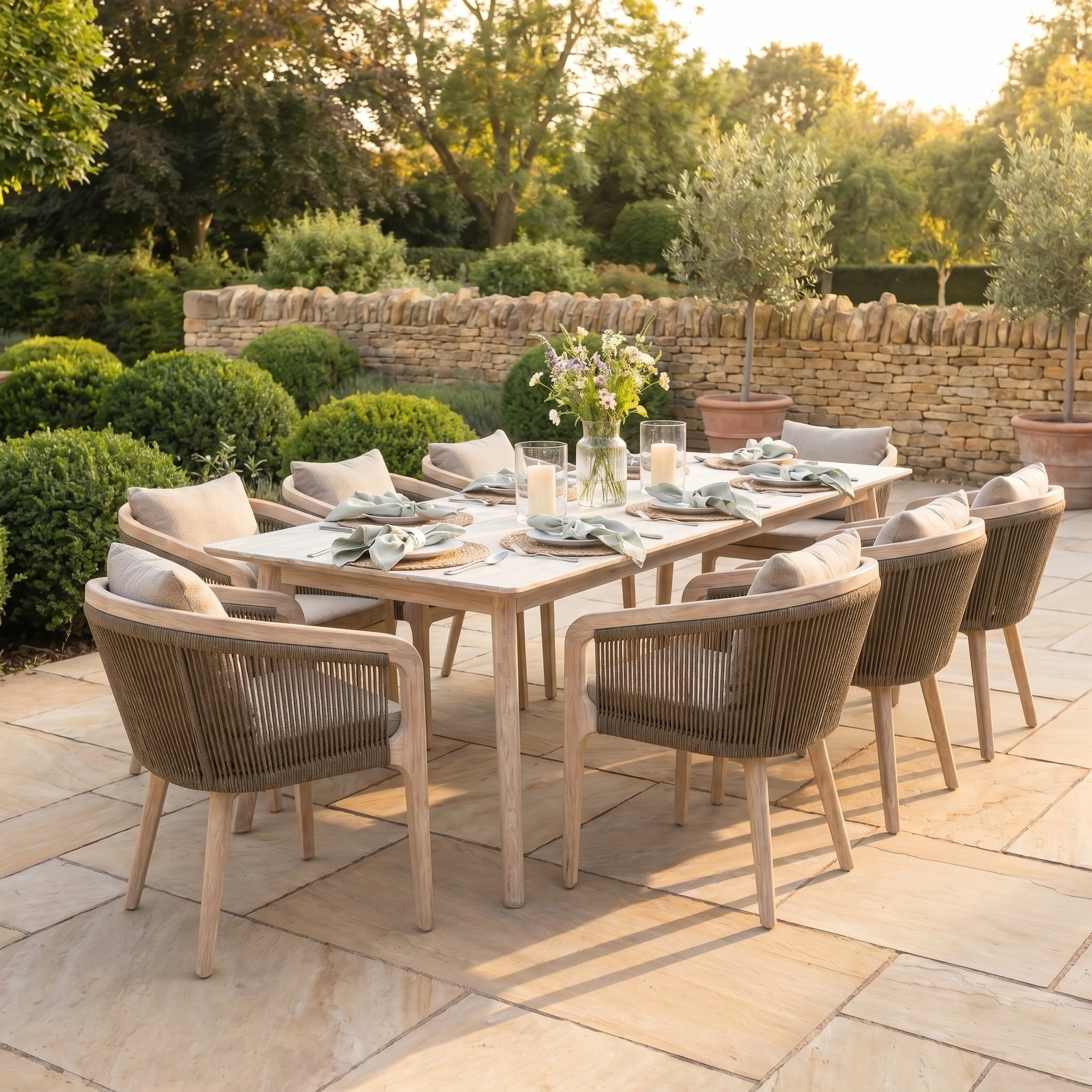 The Evora 8 Seat Rectangular Dining Set in Mocha is arranged for dining on a stone patio, encircled by lush greenery.