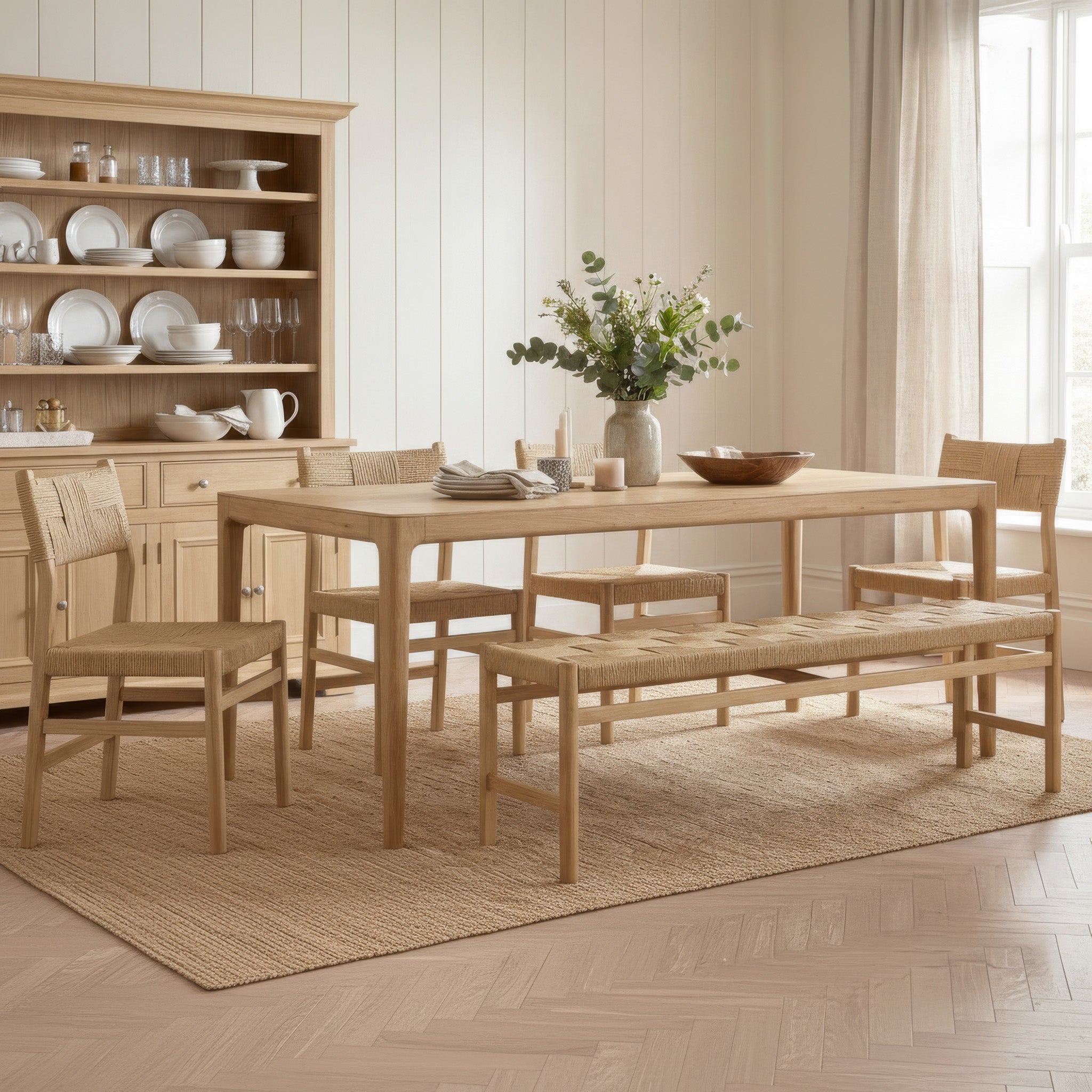 The Marlow 8 Seat Dining Set with Woven Bench in Light Oak includes a spacious oak table, matching chairs, and a woven bench, arranged on a textured rug in a bright room.