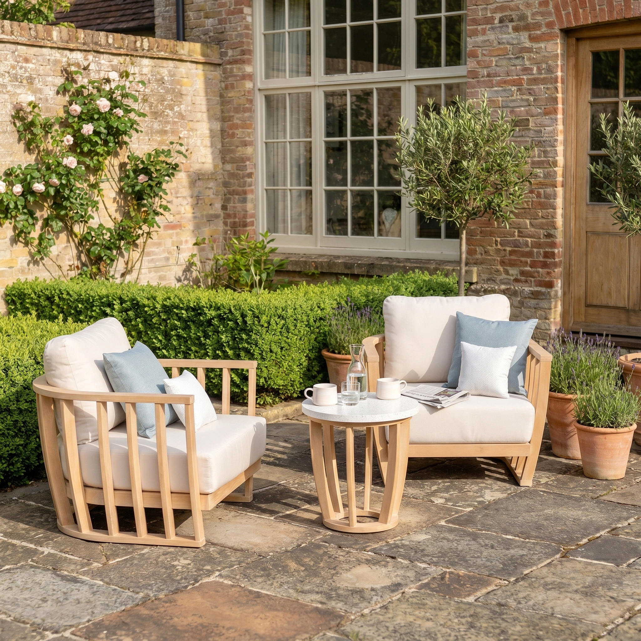 The Cape Lounge Set in Beige, featuring two cushioned wooden chairs and a terrazzo coffee table with coffee cups, is placed on a sunny stone patio near a brick house.