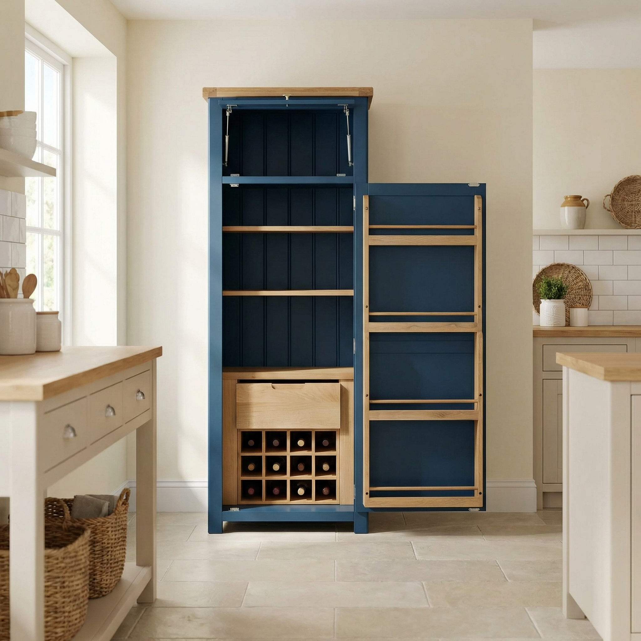 The Burford Single Larder Unit in Navy Blue offers natural oak kitchen storage shelves and wine racks, seamlessly blending into a bright, modern kitchen.