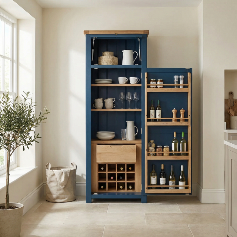 The Burford Single Larder Unit in Navy Blue offers shelves, a wine rack, and door storage—a stylish natural oak kitchen storage piece ideal beside a window and potted plant.