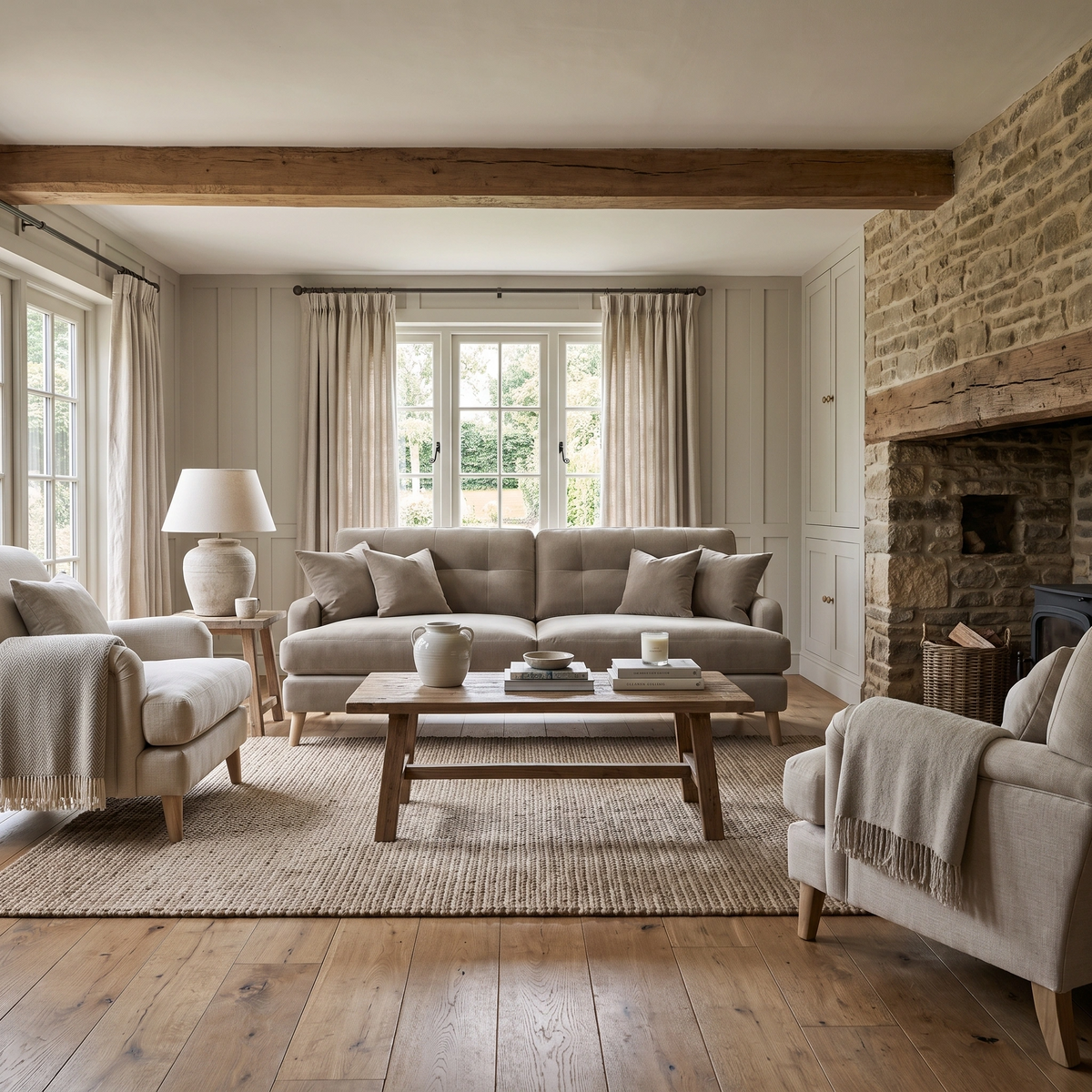 a living room with a fireplace and couches