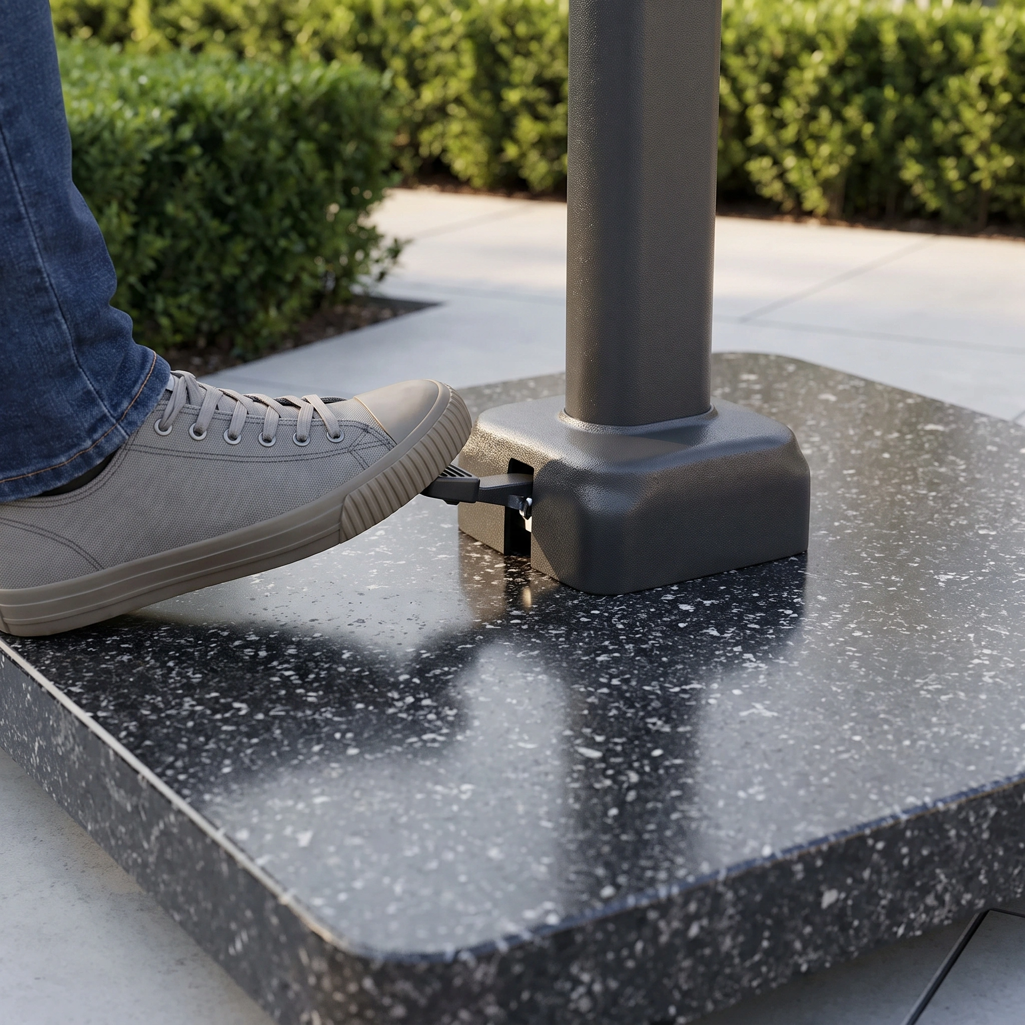 A person’s foot presses a small lever at the base of the Challenger T2 3.5m x 2.6m Rectangular Cantilever Parasol in Grey with its 90kg granite base, set on a stone patio.