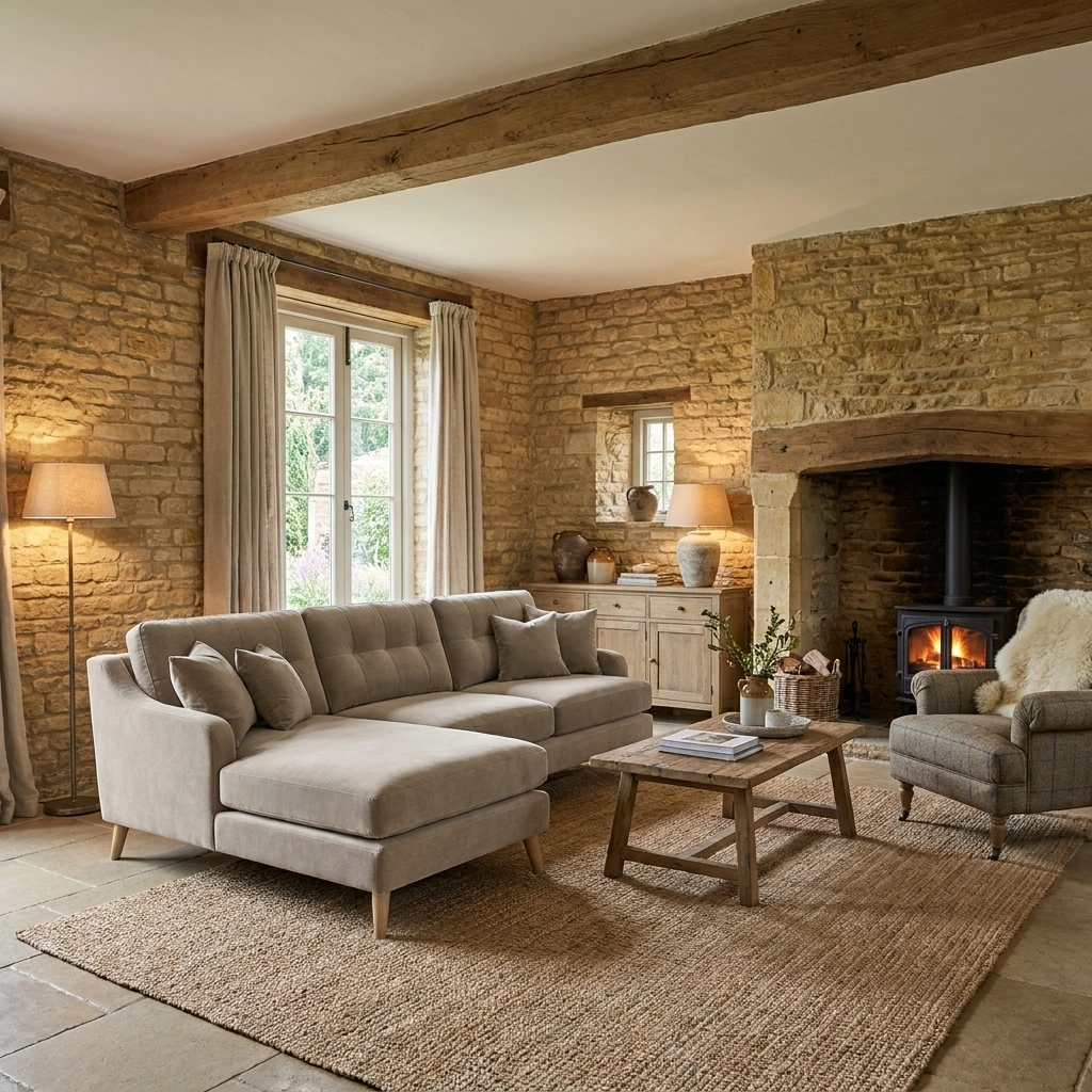 a living room with a fireplace and a couch
