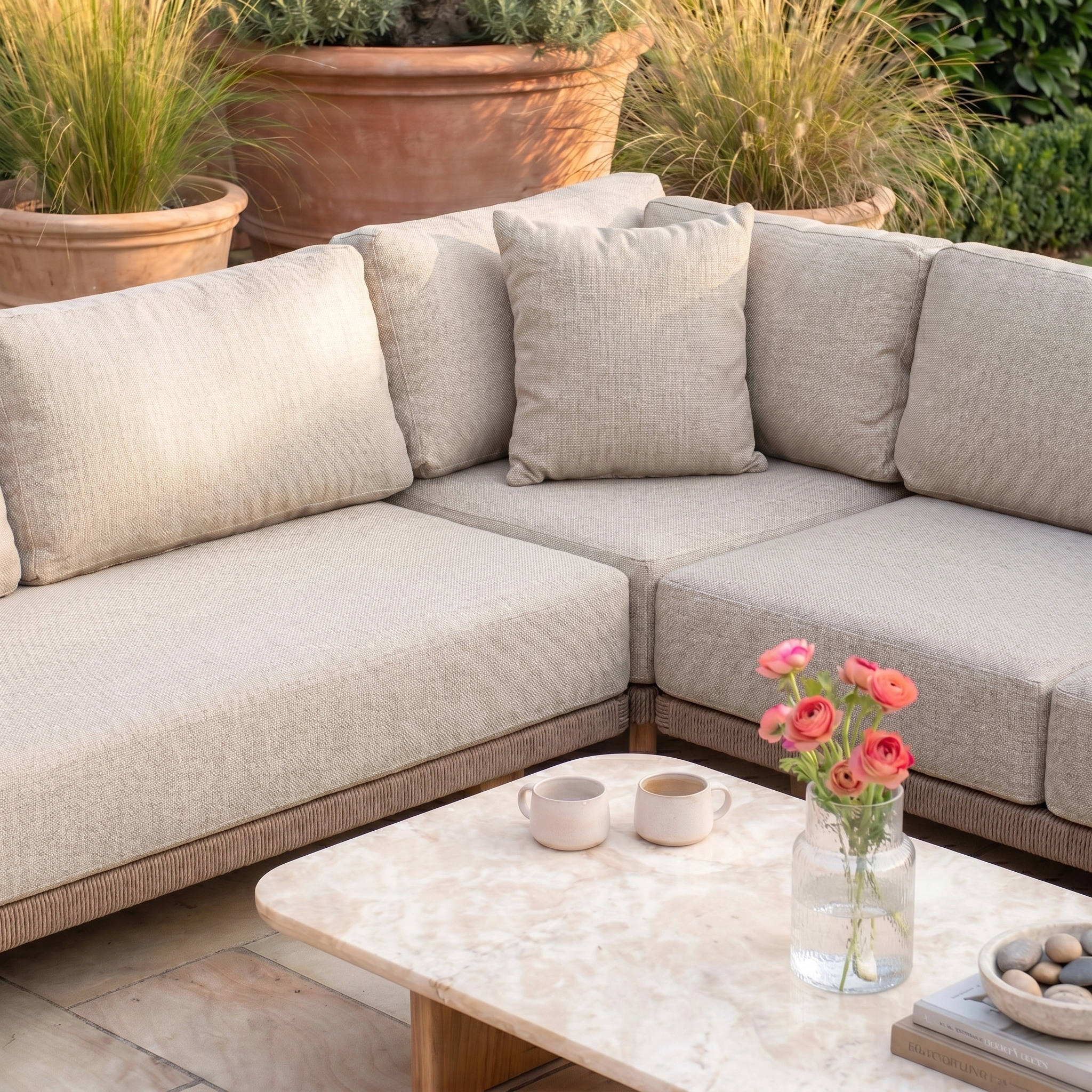 The Tivoli Large Corner Set with Marble Coffee Table in Fawn, complete with cozy cushions, flowers in a vase, and two mugs, creates an inviting patio scene.