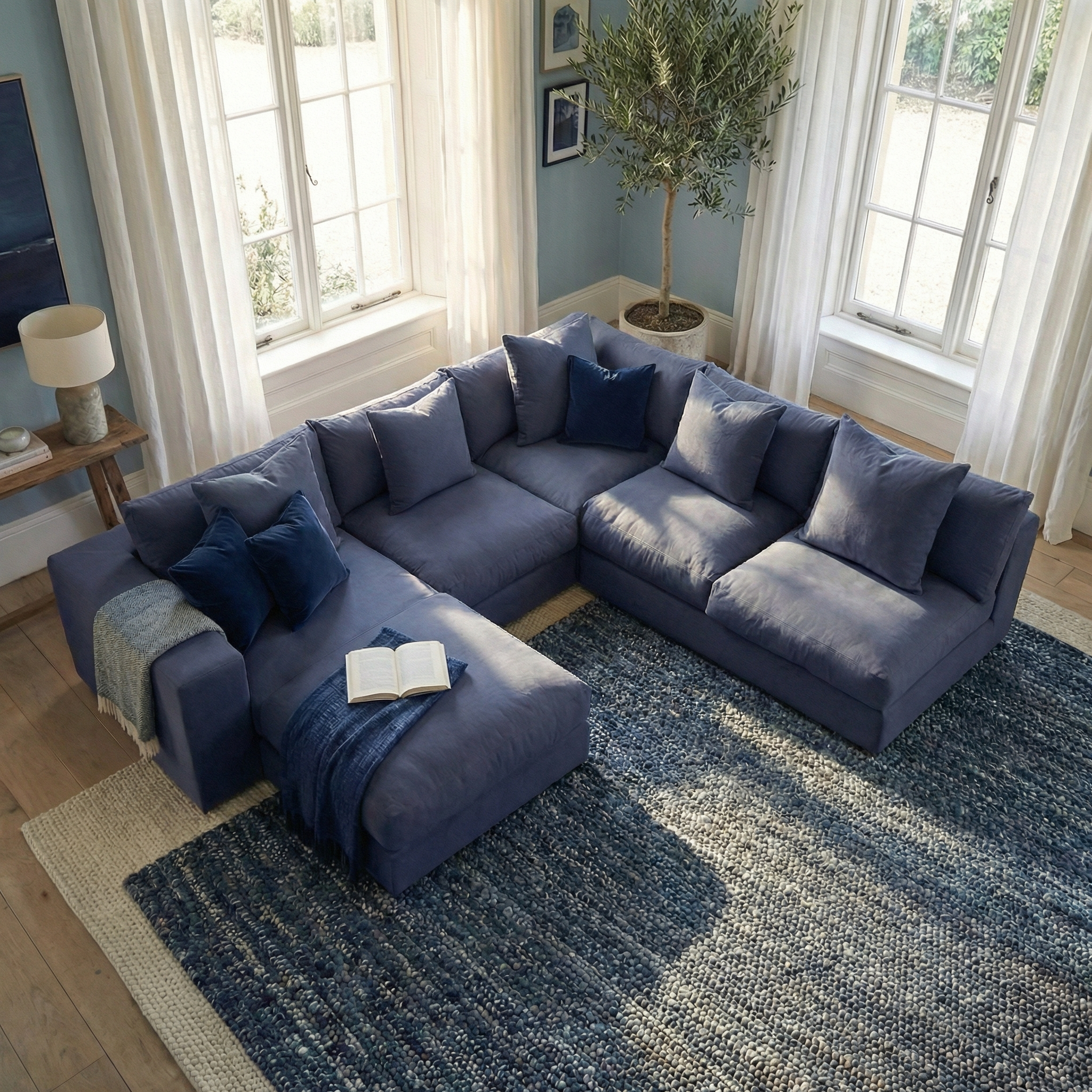 The Hampshire Modular Corner Sofa in Midnight Blue, featuring duck feather and down cushions, sits on a blue rug near large windows, accented by an open book and a throw blanket.
